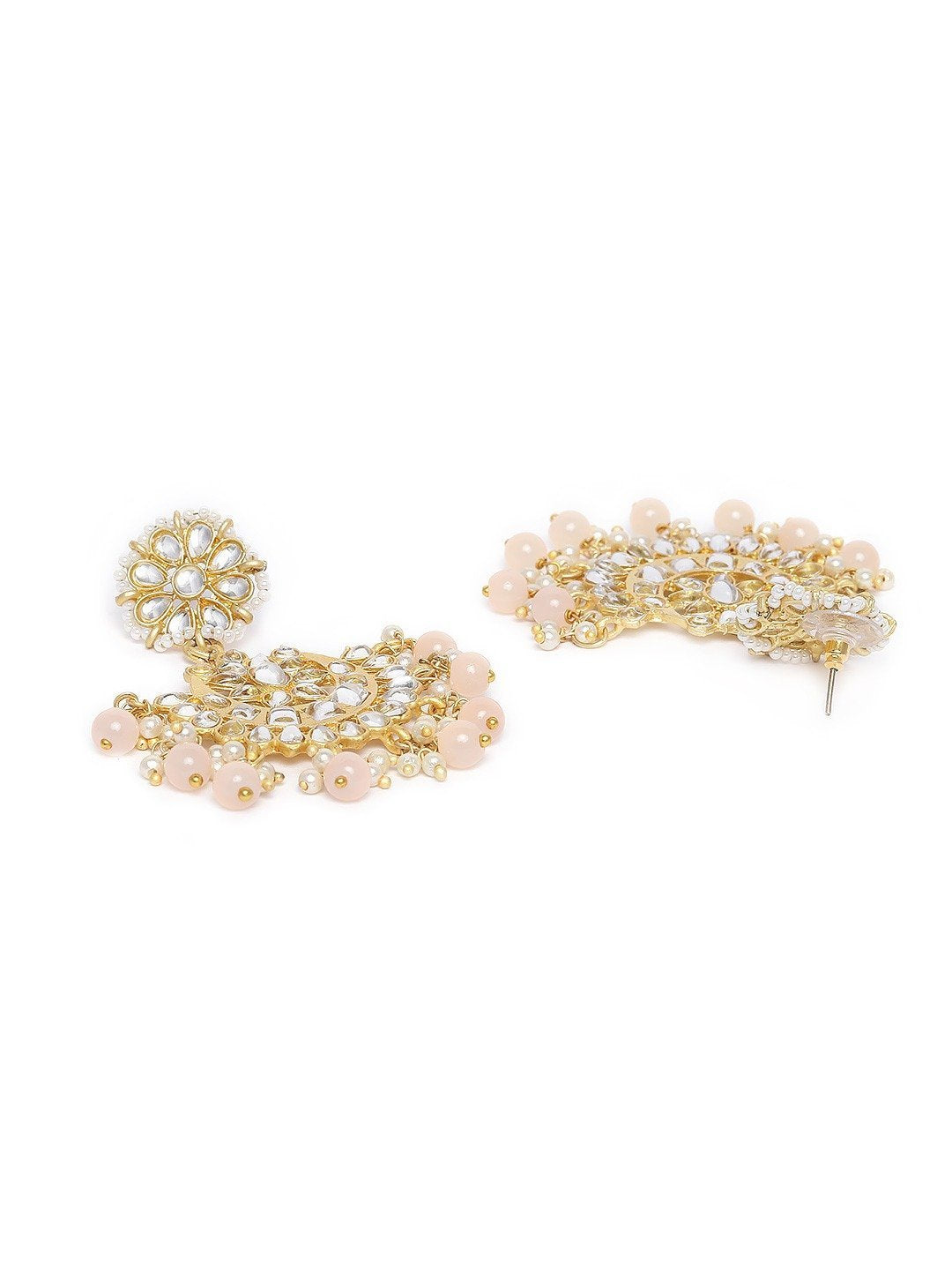Women's  Gold Plated Matt Finish Peach Chandbali Earrings Handcrafted Kundan & Pearl  - i jewels