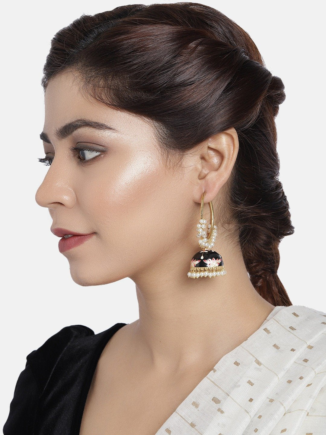 Women's  Gold Plated Traditional Handcrafted Enamelled Black Jhumki  - i jewels