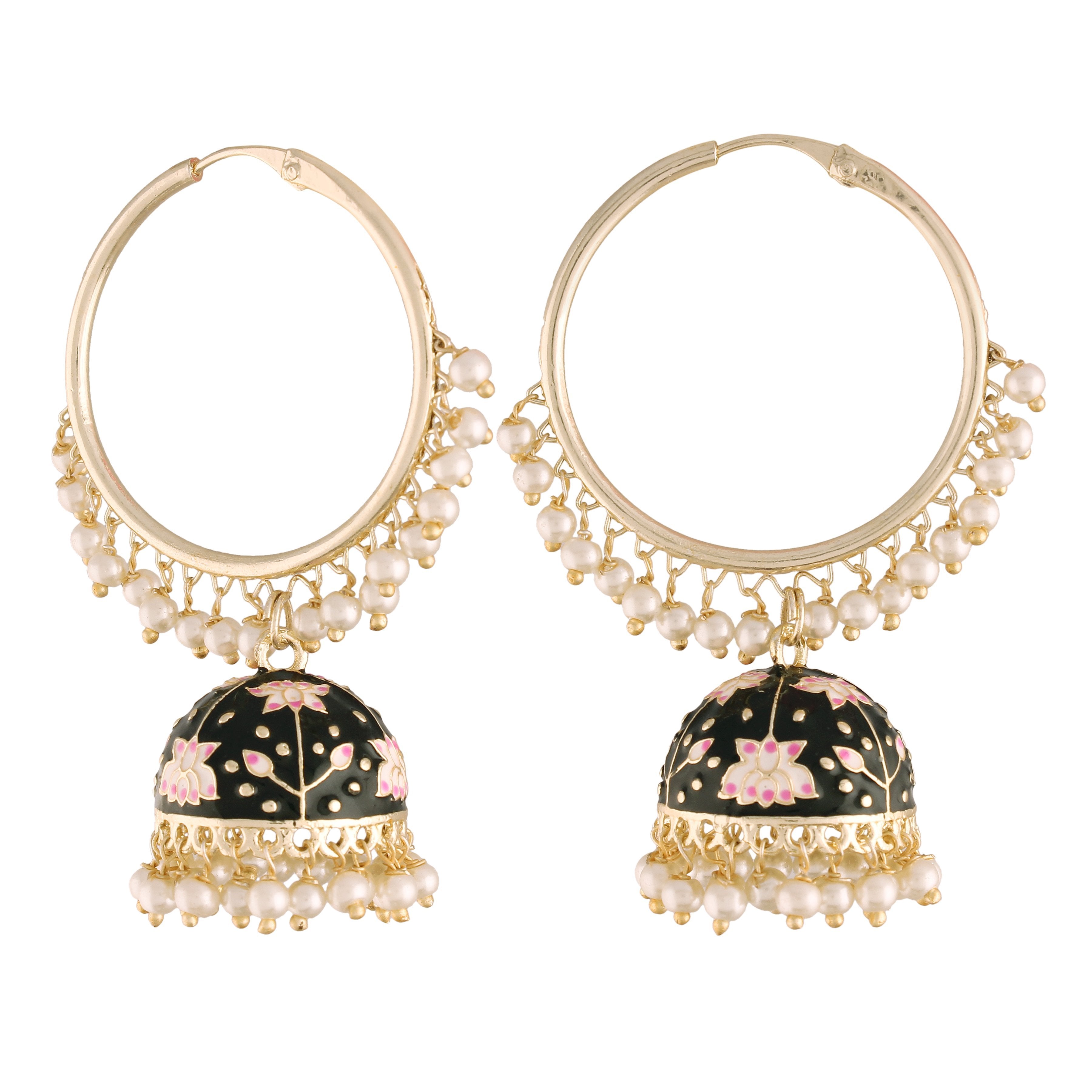 Women's  Gold Plated Traditional Handcrafted Enamelled Black Jhumki  - i jewels