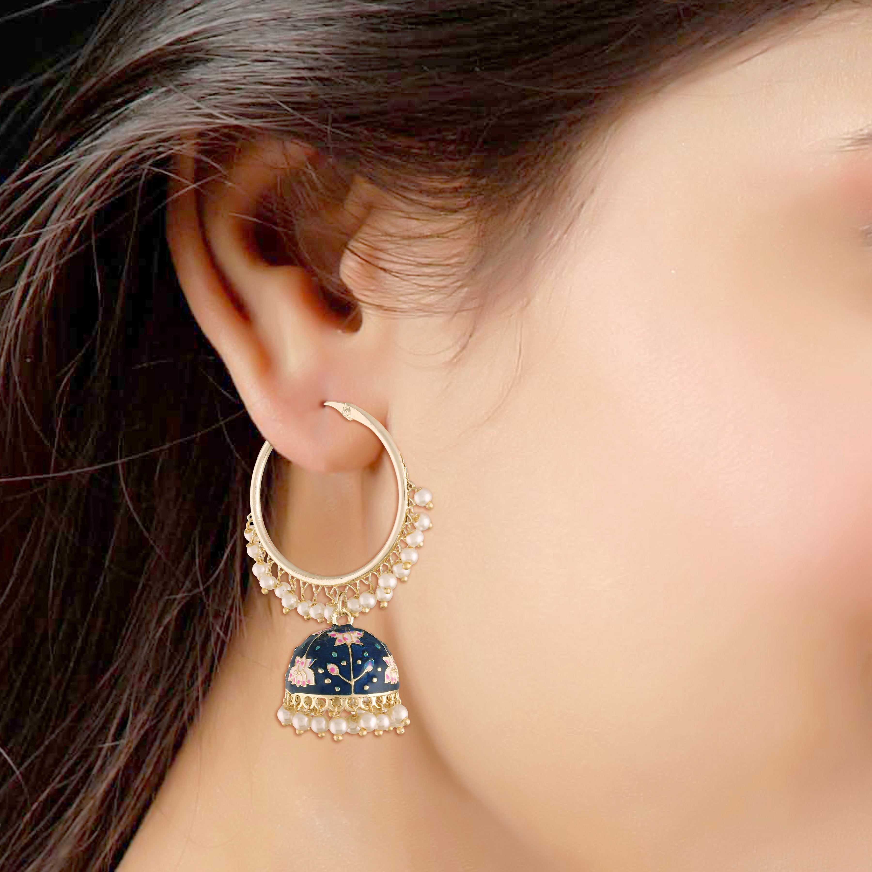 Women's  Gold Plated Traditional Handcrafted Enamelled  Blue Jhumki Hoop Earrings  - i jewels