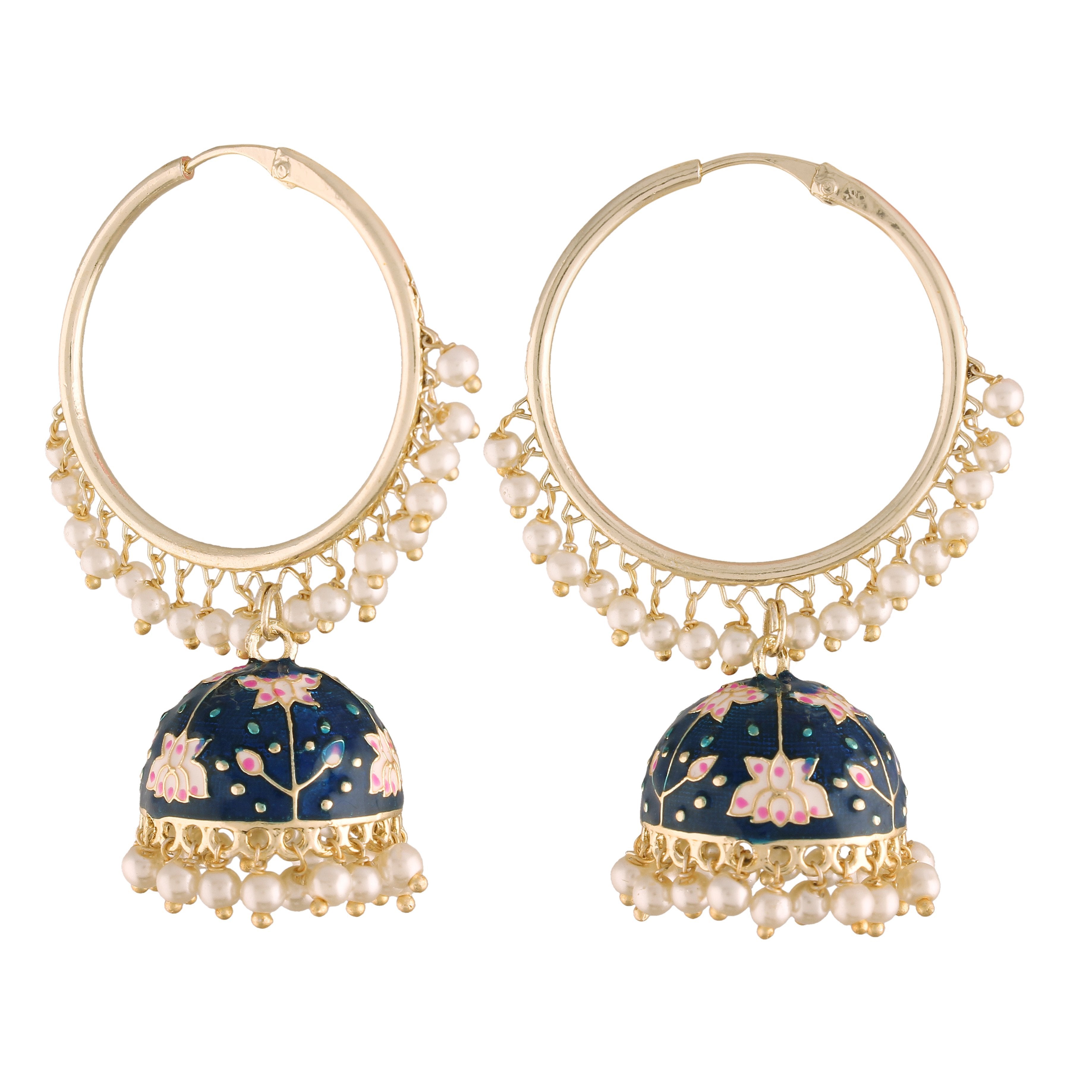 Women's  Gold Plated Traditional Handcrafted Enamelled  Blue Jhumki Hoop Earrings  - i jewels