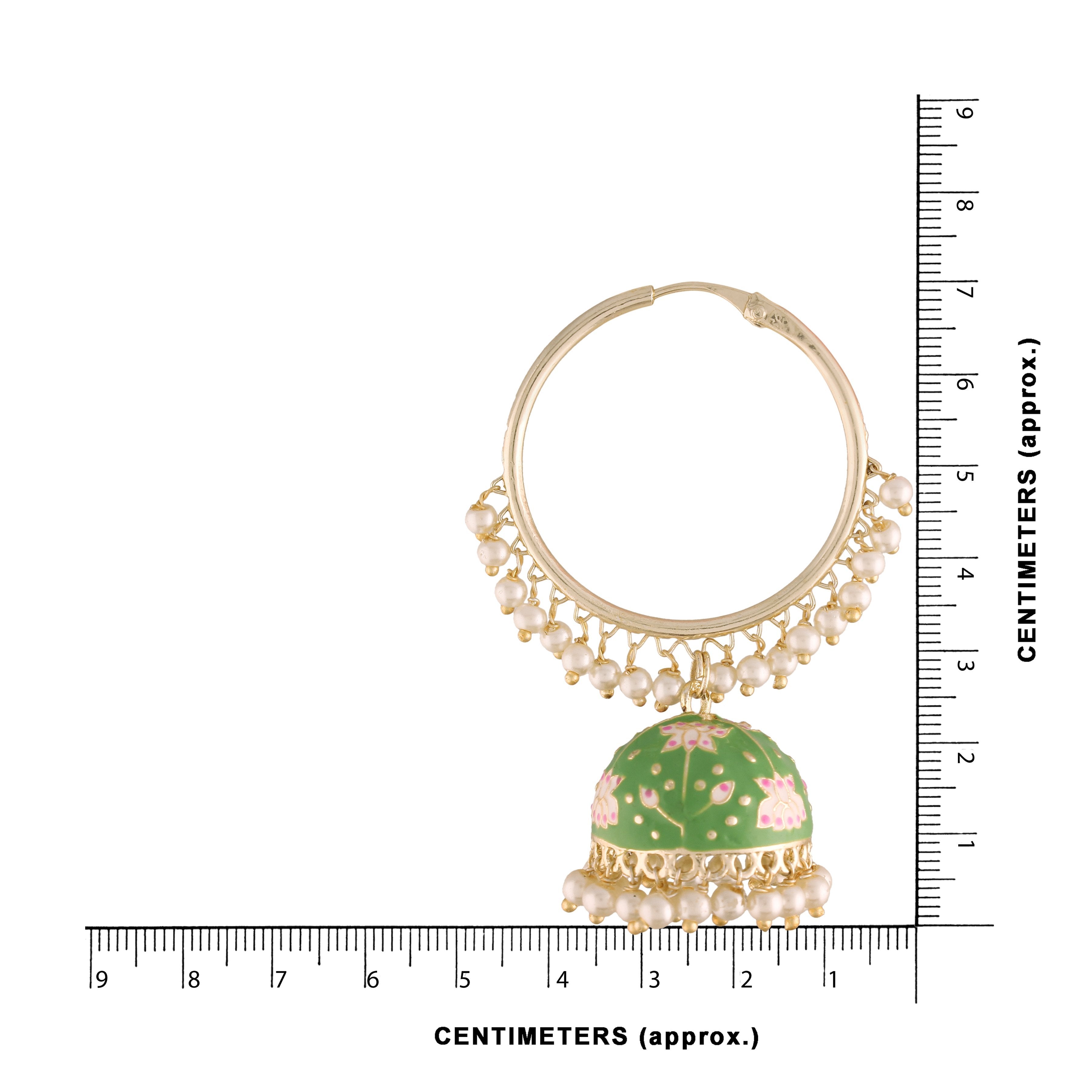 Women's  Gold Plated Traditional Handcrafted Enamelled Mint Jhumki Hoop Earrings - i jewels