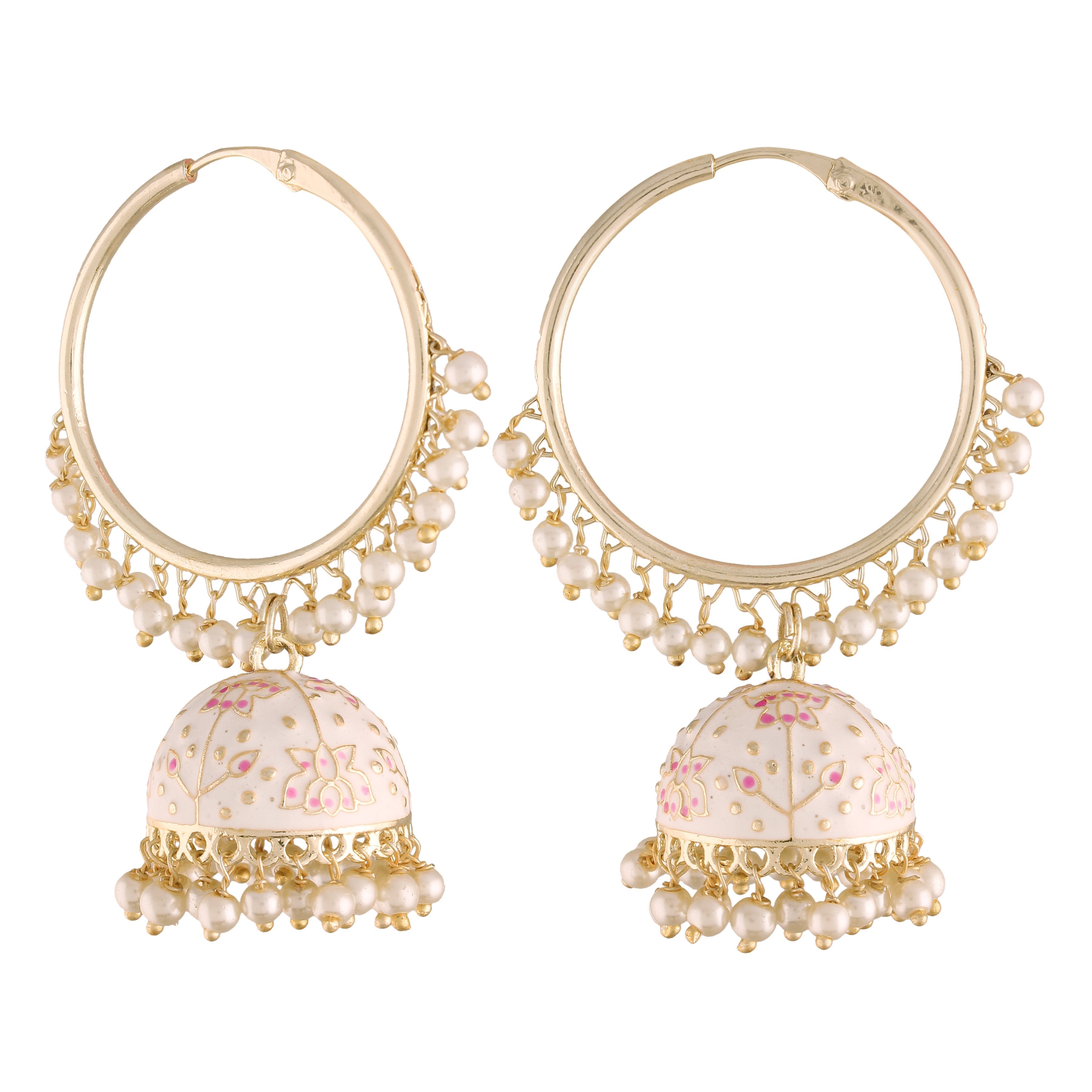 Women's  Gold Plated Traditional Handcrafted Enamelled White Jhumki Hoop Earrings - i jewels