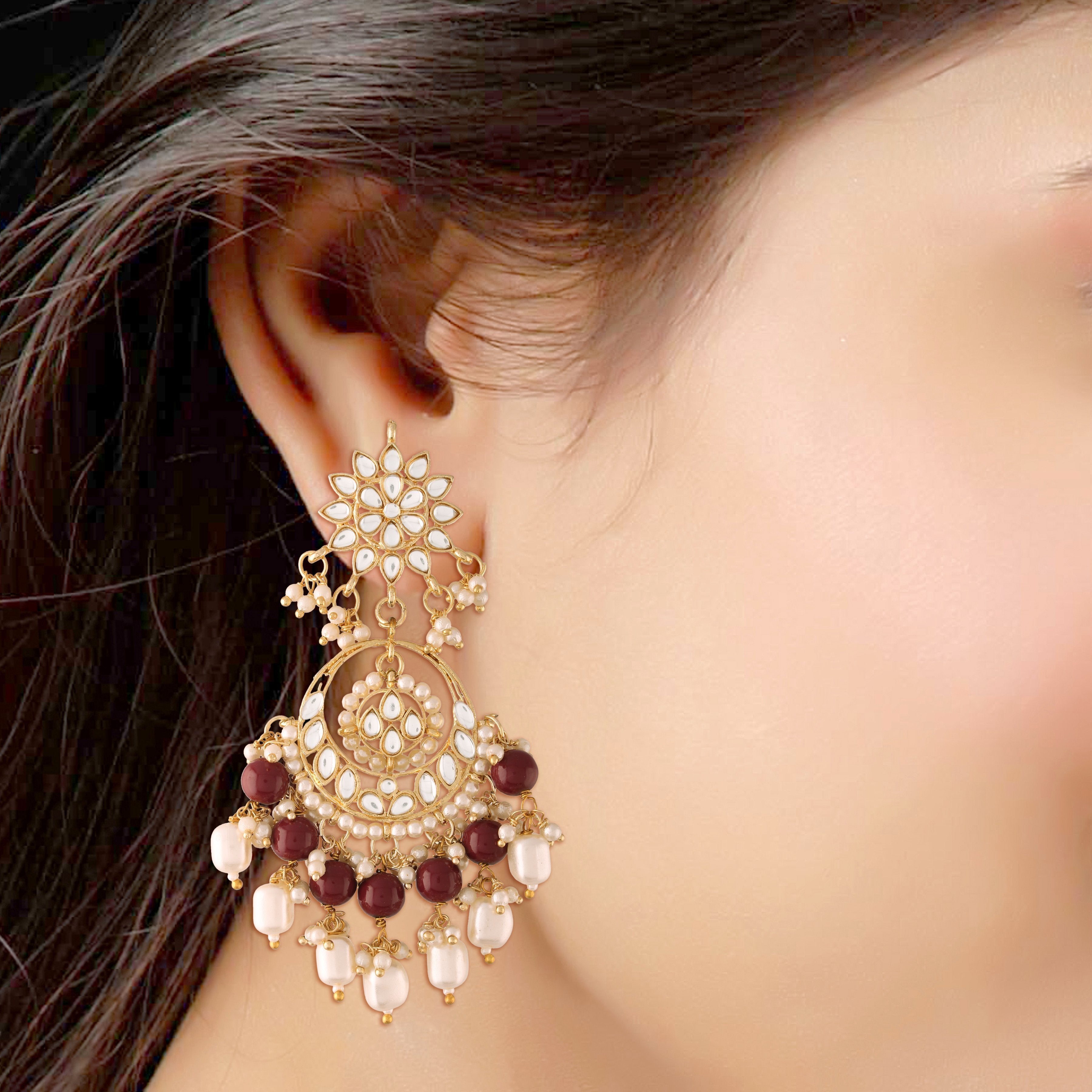 Women's  Gold Plated Maroon  Handcrafted Pearl Kundan Beaded Chandbali Earrings  - i jewels