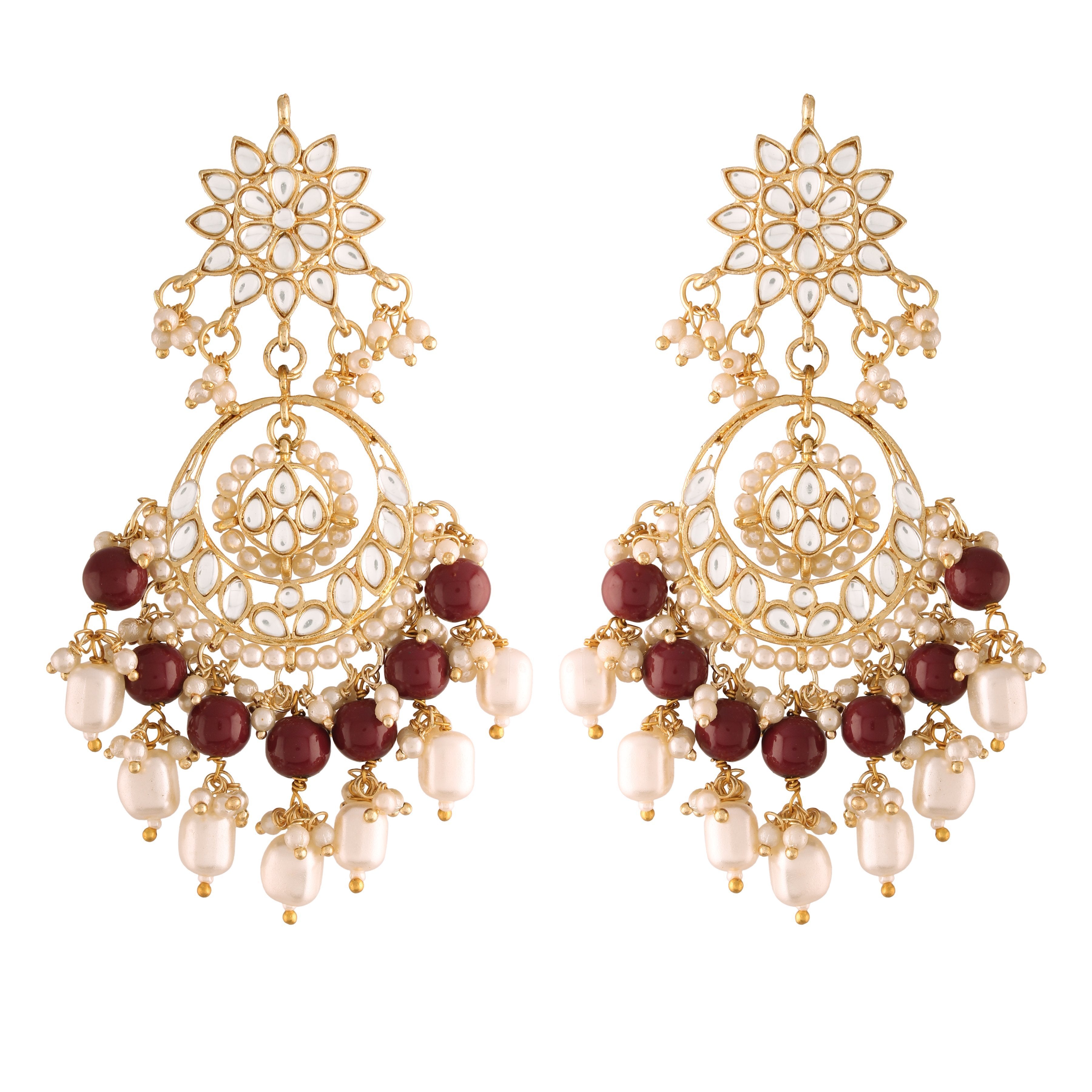 Women's  Gold Plated Maroon  Handcrafted Pearl Kundan Beaded Chandbali Earrings  - i jewels