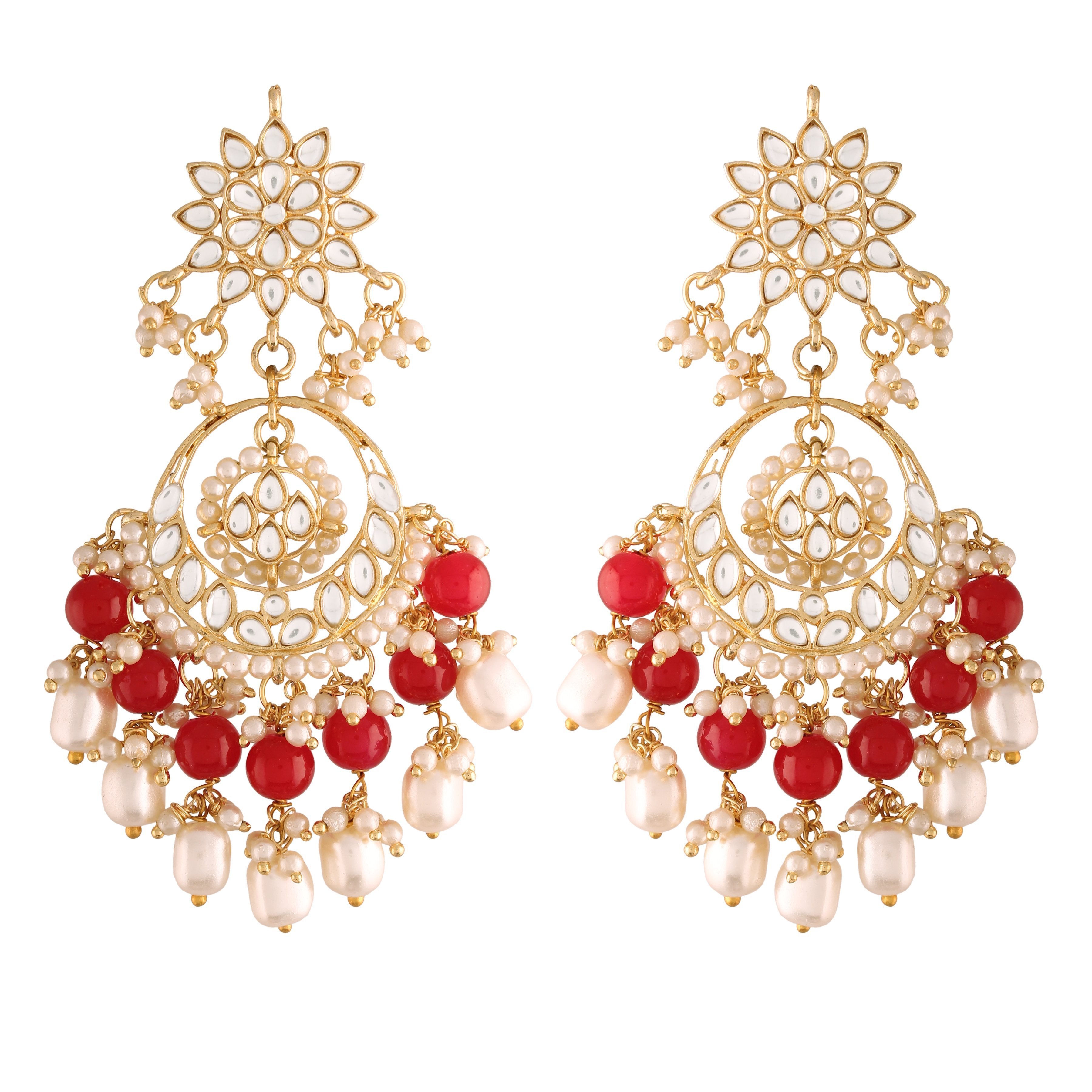 Women's  Gold Plated Red Handcrafted Pearl Kundan Beaded Chandbali Earrings - i jewels