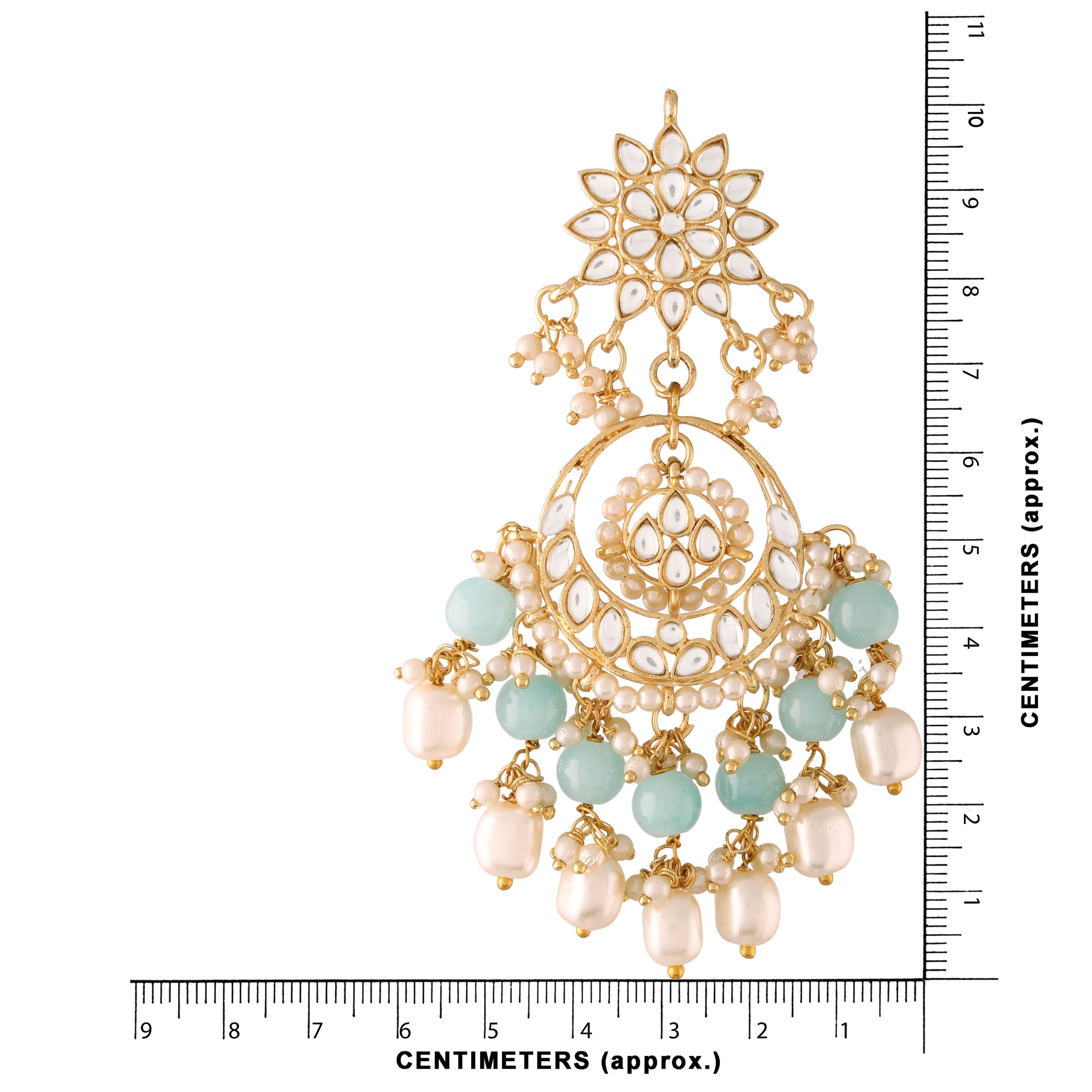 Women's  Gold Plated Turquoise Handcrafted Pearl Kundan Beaded Chandbali Earrings  - i jewels