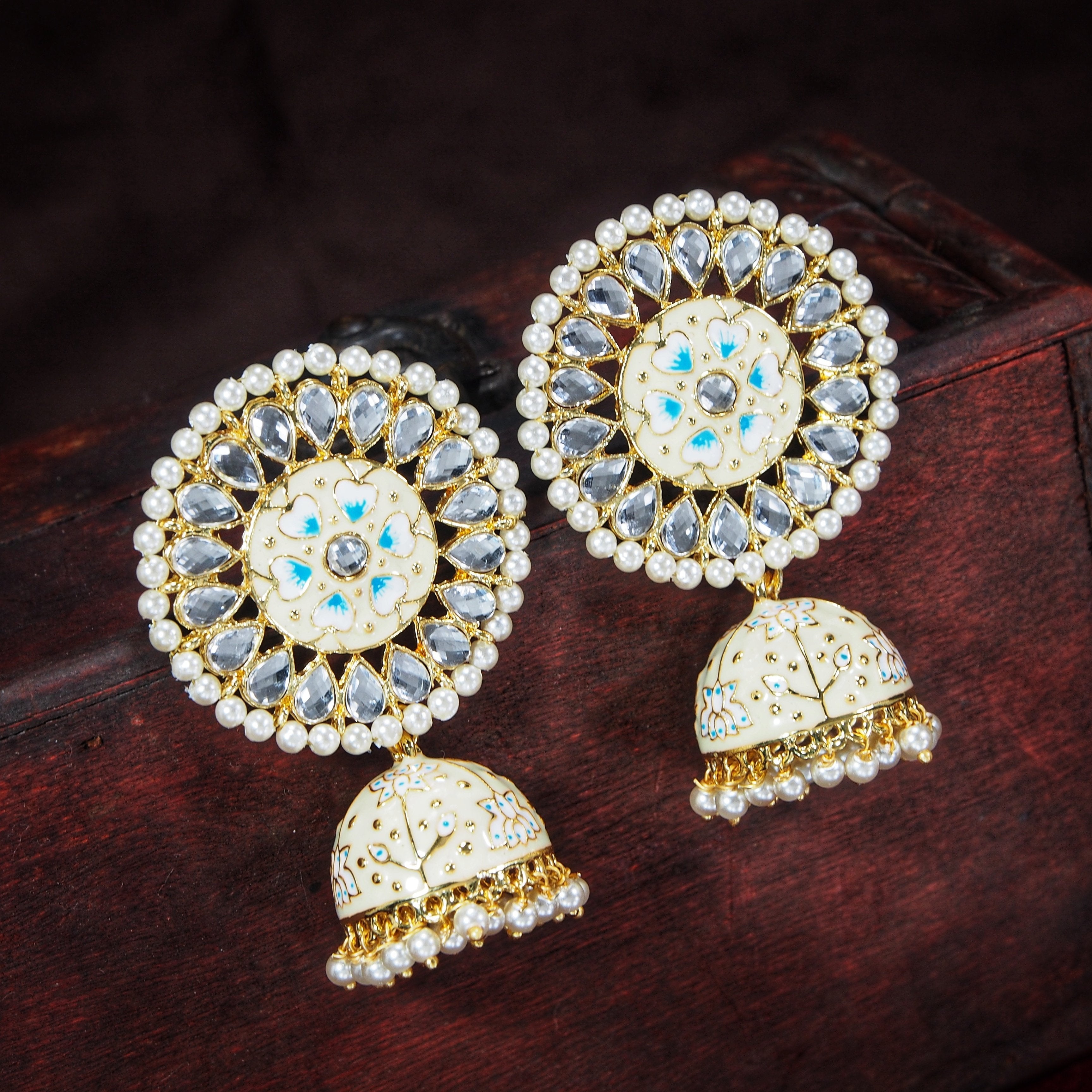 Women's  Gold Plated Blue Handcrafted Kundan Pearl Studded Meenakari Jhumki Earring - i jewels
