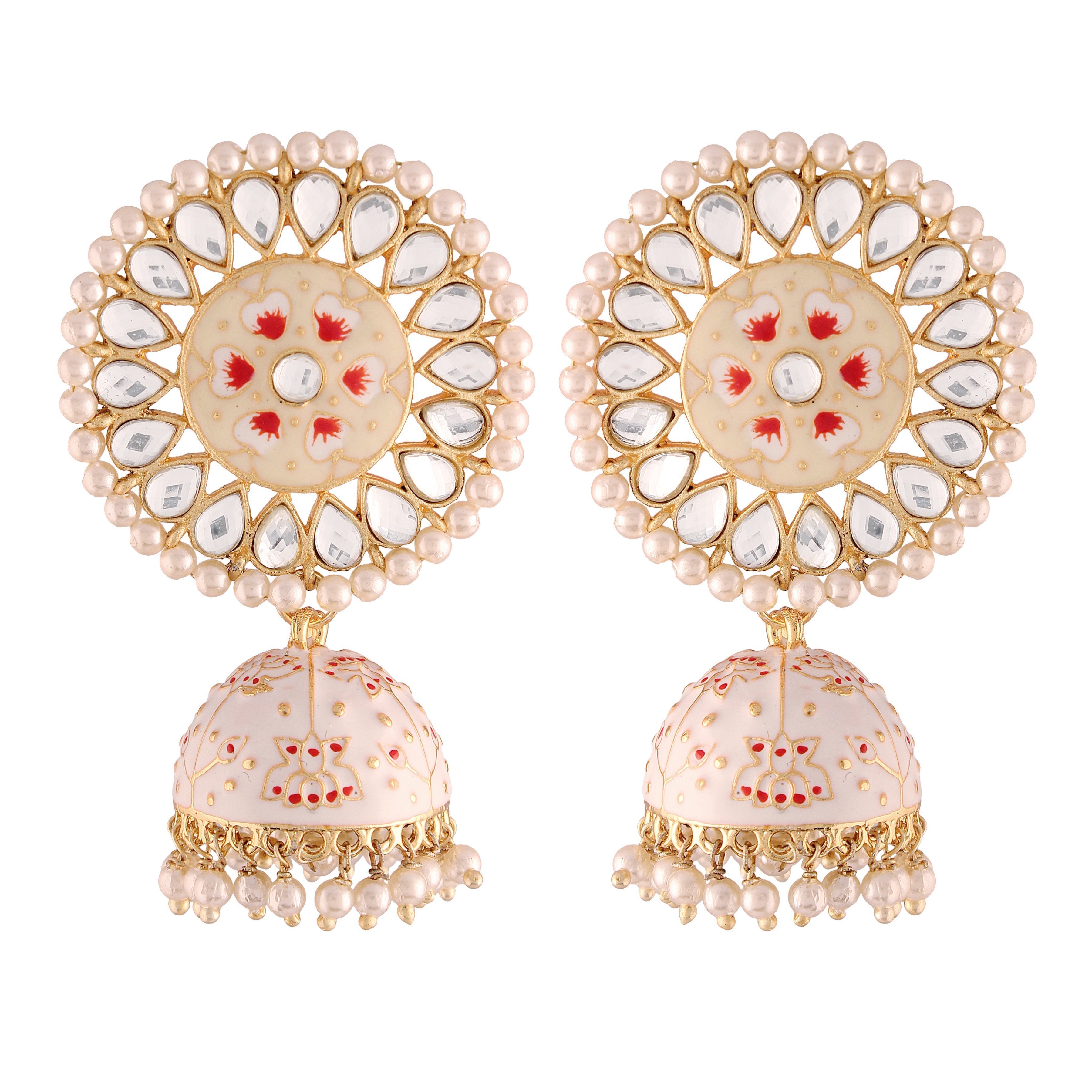 Women's  Gold Plated Cream Handcrafted Kundan Pearl Studded Meenakari Jhumki Earring - i jewels