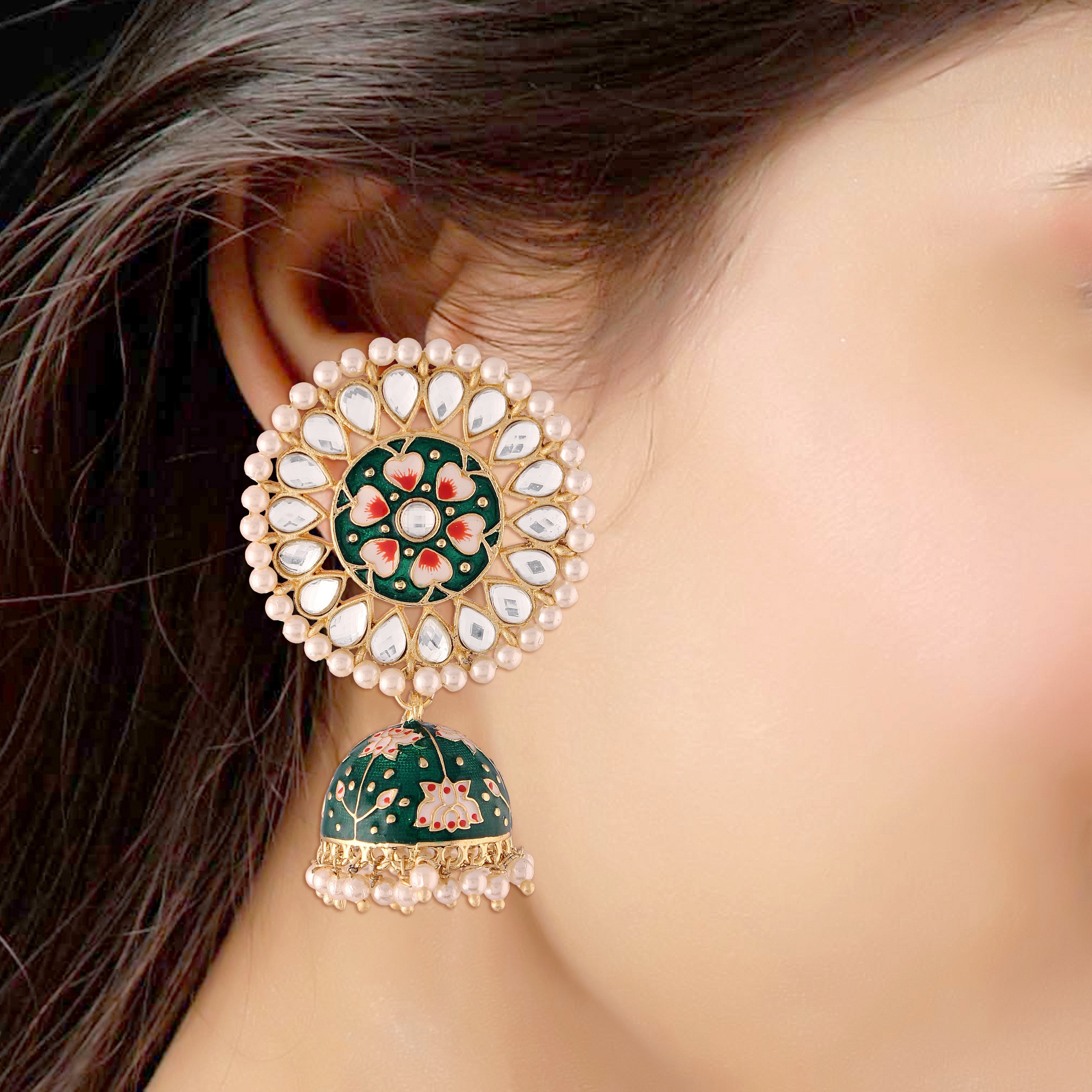 Women's  Gold Plated Green Handcrafted Kundan Pearl Studded Meenakari Jhumki Earring  - i jewels