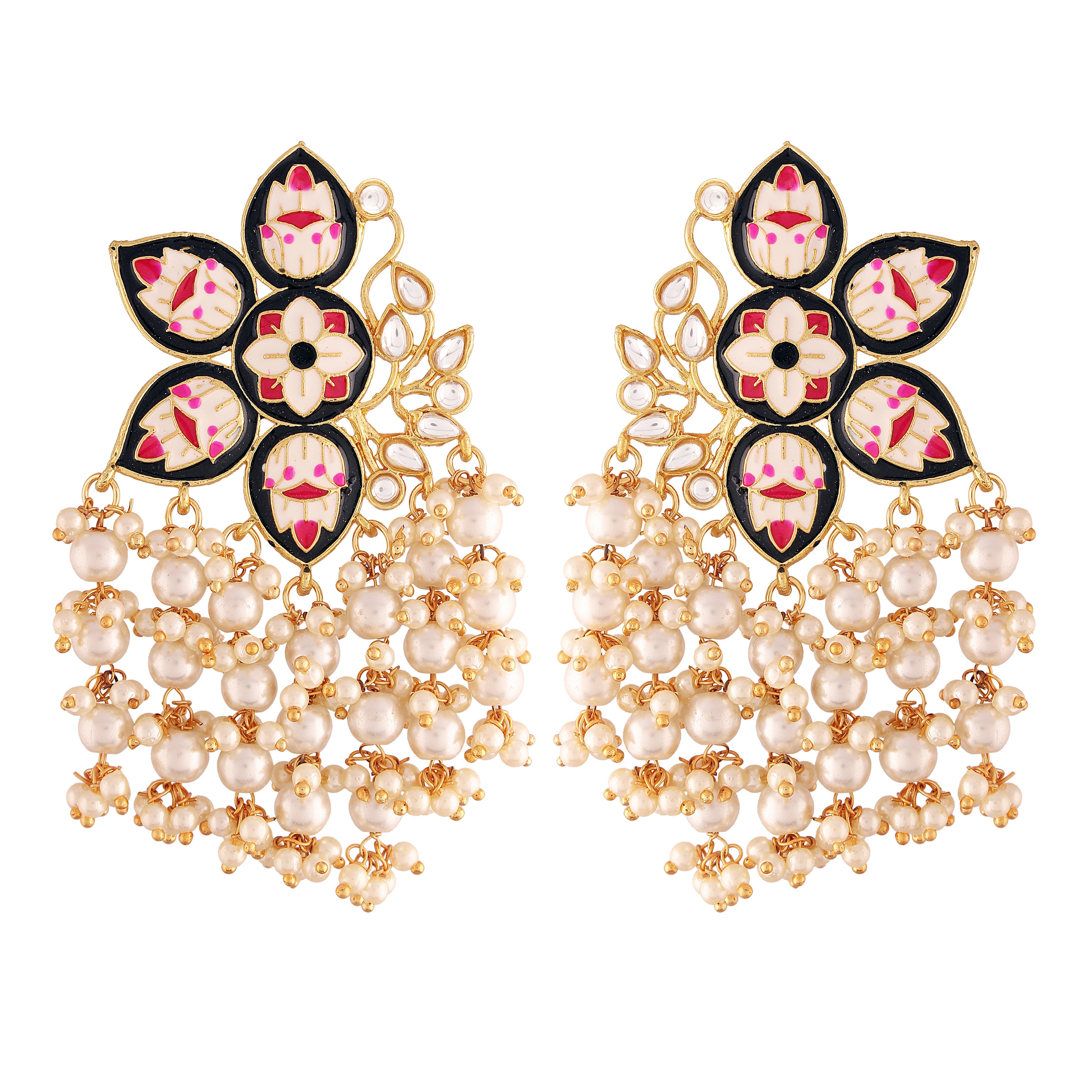 Women's 18k Black gold plated handcrafted kundan studded floral drop earrings - I Jewels