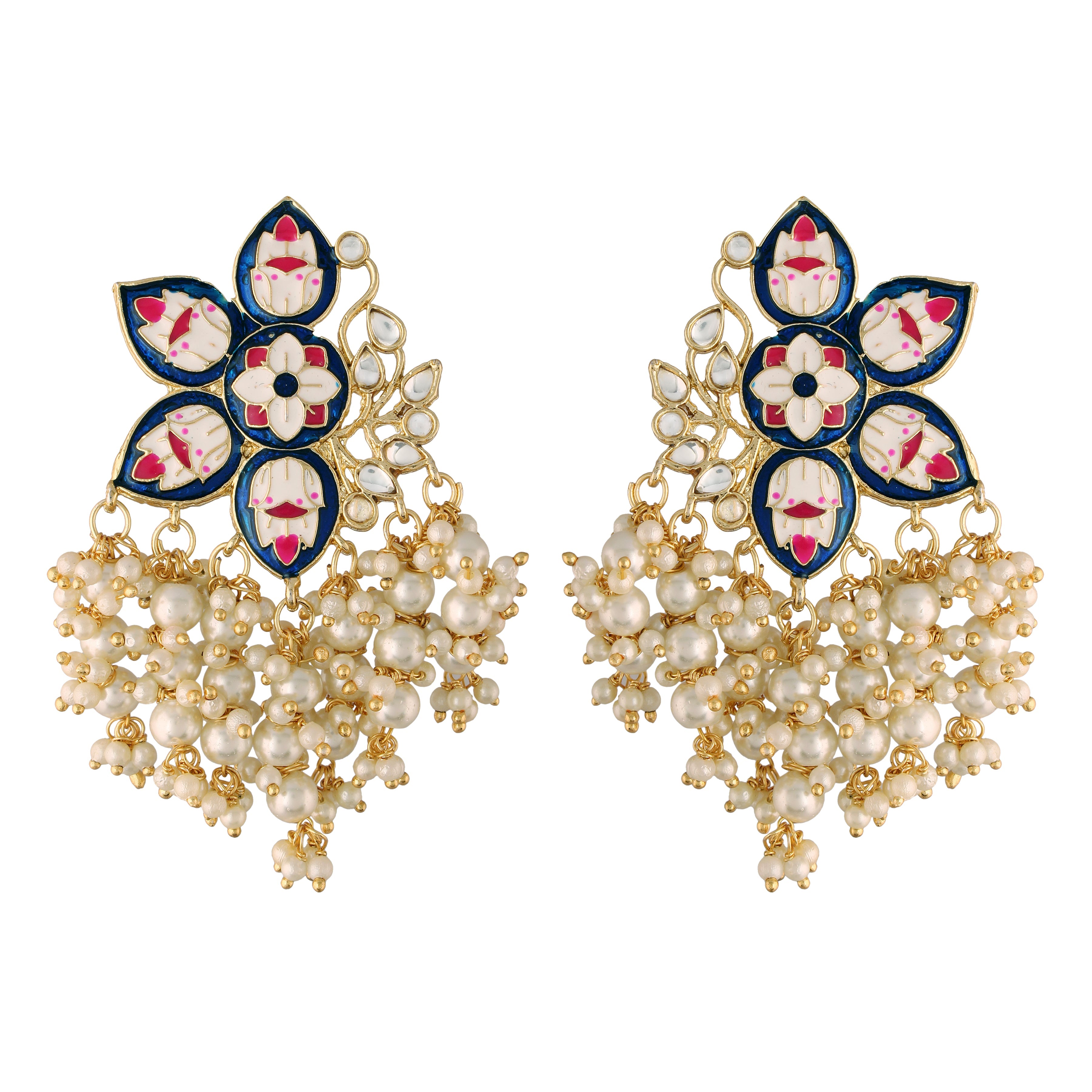 Women's 18k Blue gold plated handcrafted kundan studded floral drop earrings - I Jewels