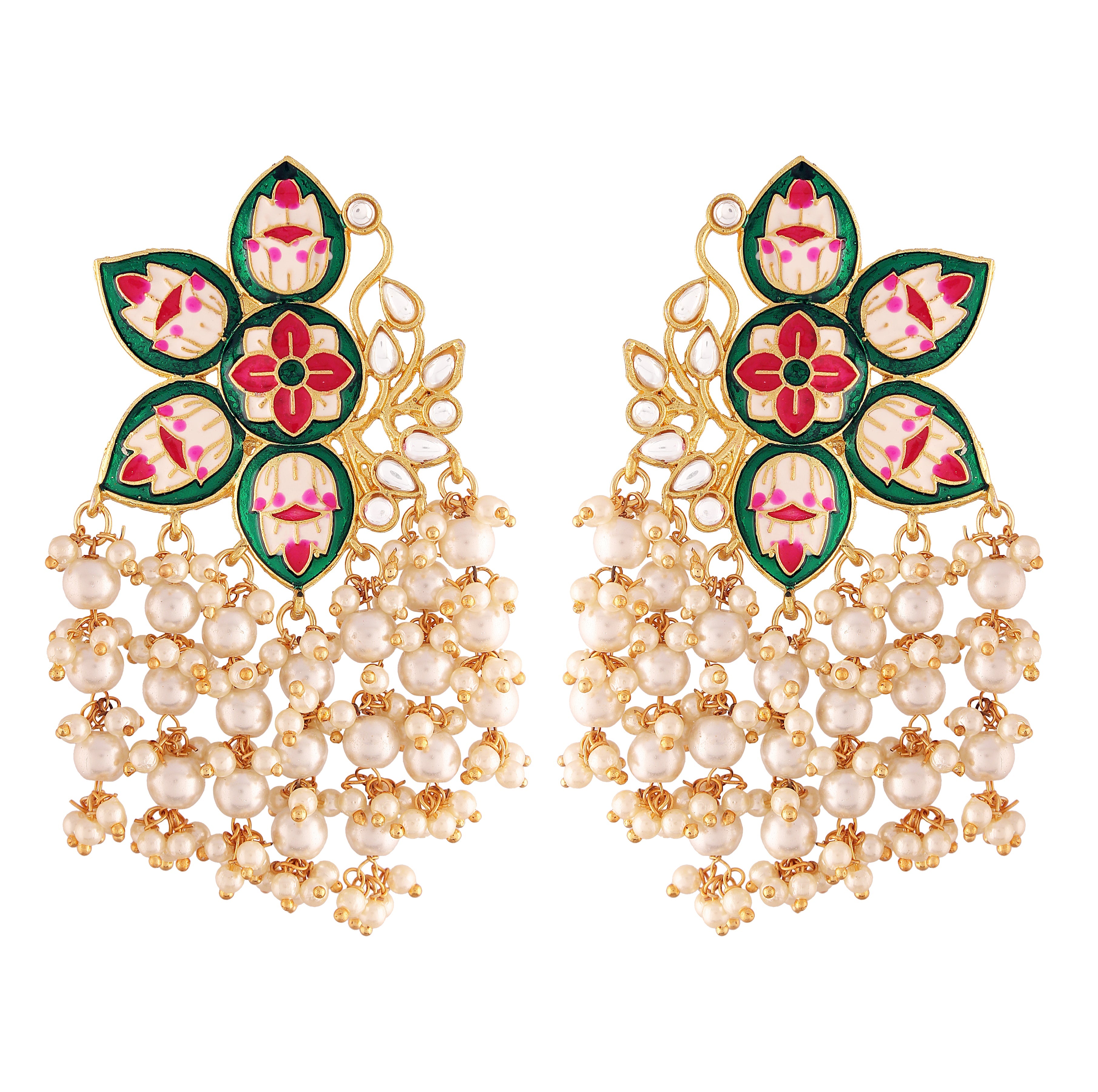 Women's 18k green gold plated handcrafted kundan studded floral drop earrings - I Jewels
