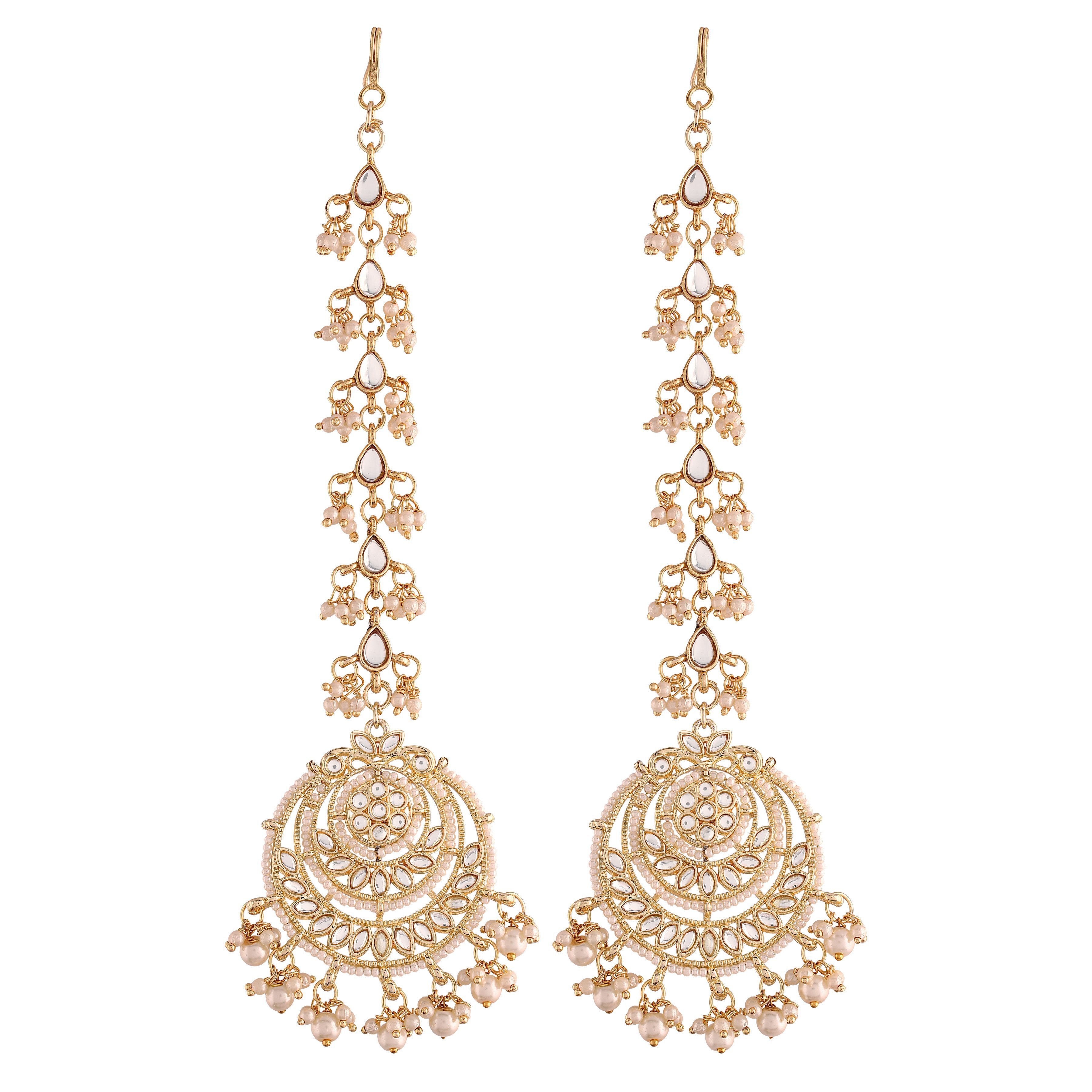 Women's  Gold Plated White Alloy Kundan Stones & Pearl Earrings With Hair Chain - i jewels