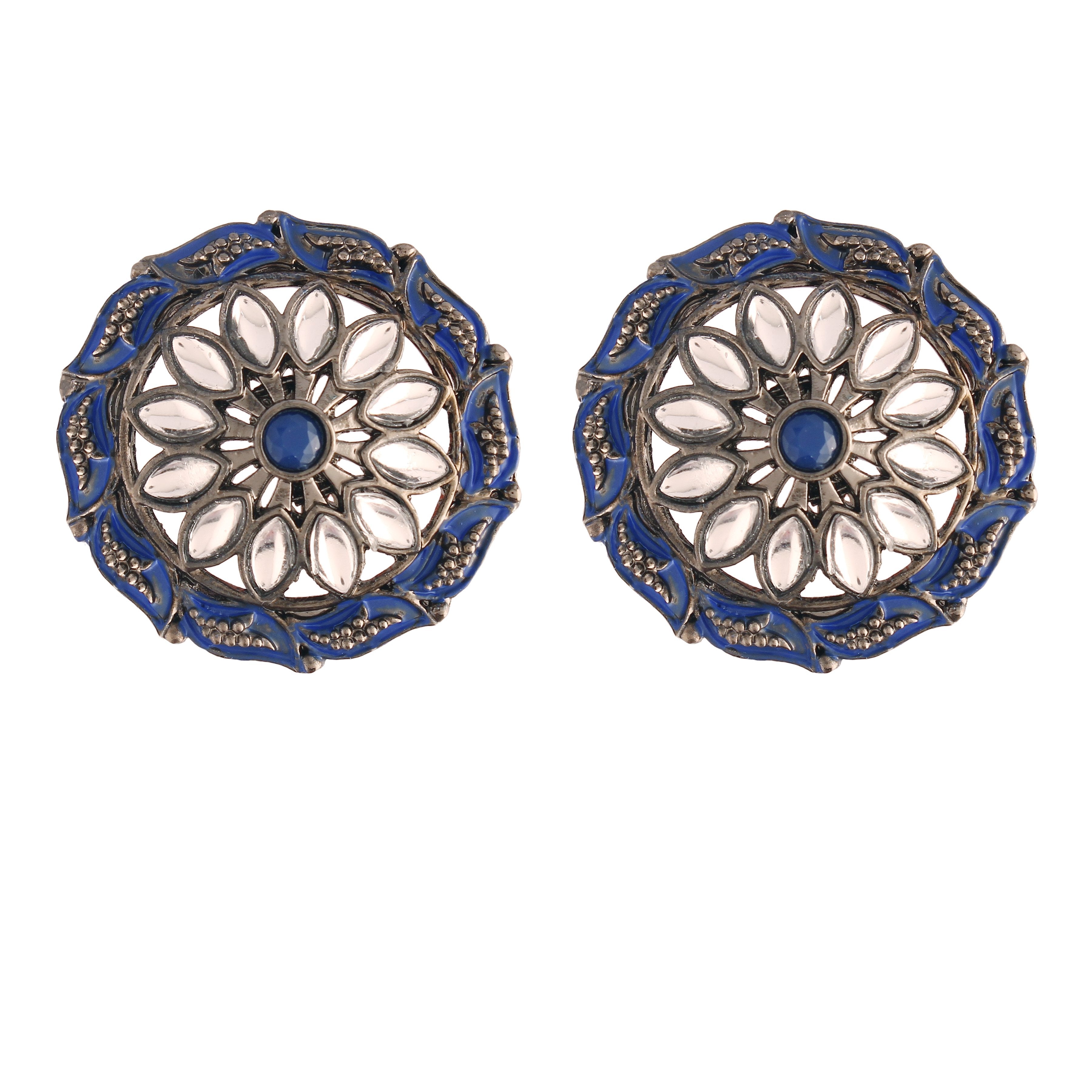 Women's  Silver Oxidized Blue Kundan Studded Meena Work Designer Circular Stud Earrings  - i jewels