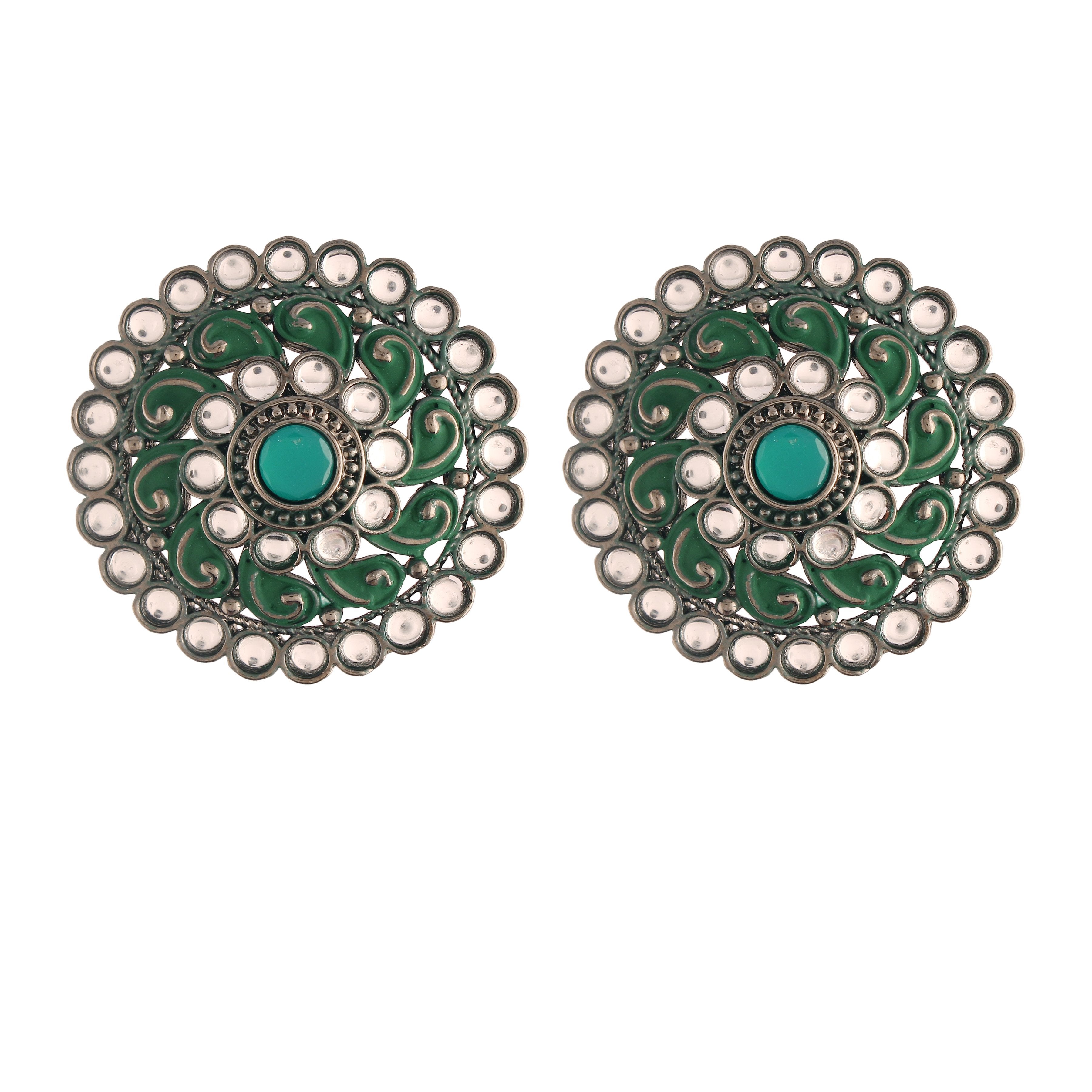 Women's  Green Silver Oxidized Kundan Studded Meena Work Designer Circular Stud Earrings - i jewels