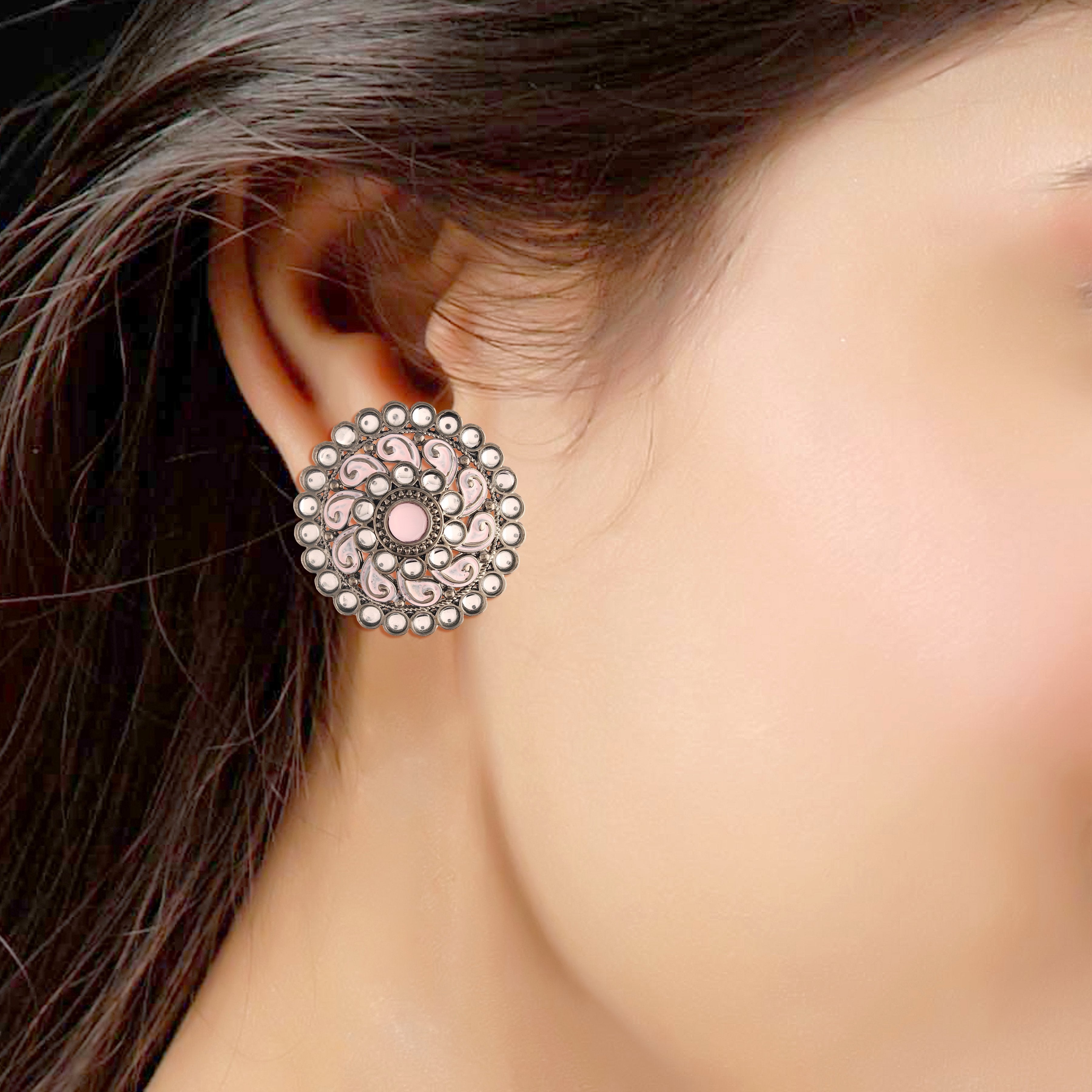 Women's  Pink Silver Oxidized Kundan Studded Meena Work Designer Circular Stud Earrings - i jewels