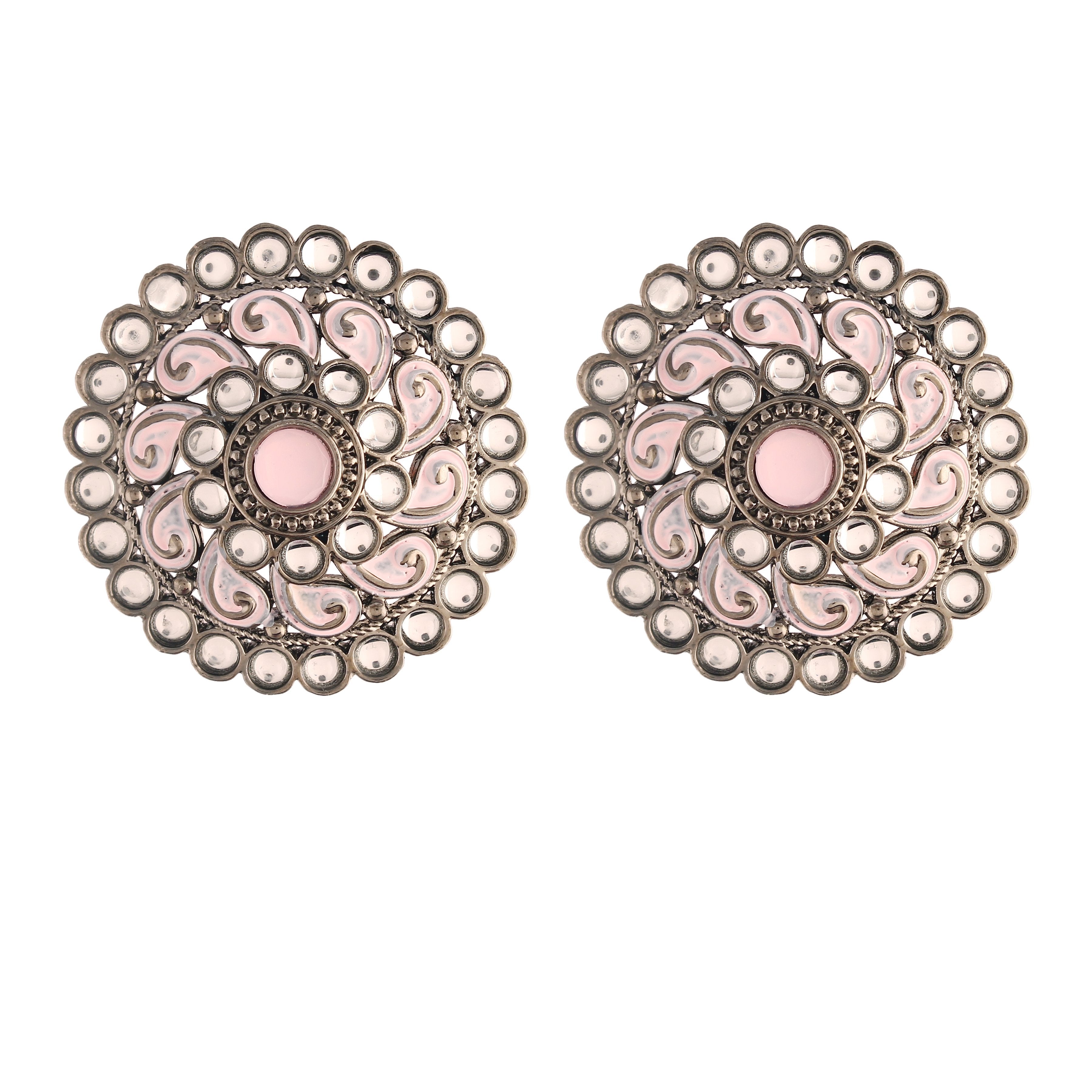 Women's  Pink Silver Oxidized Kundan Studded Meena Work Designer Circular Stud Earrings - i jewels