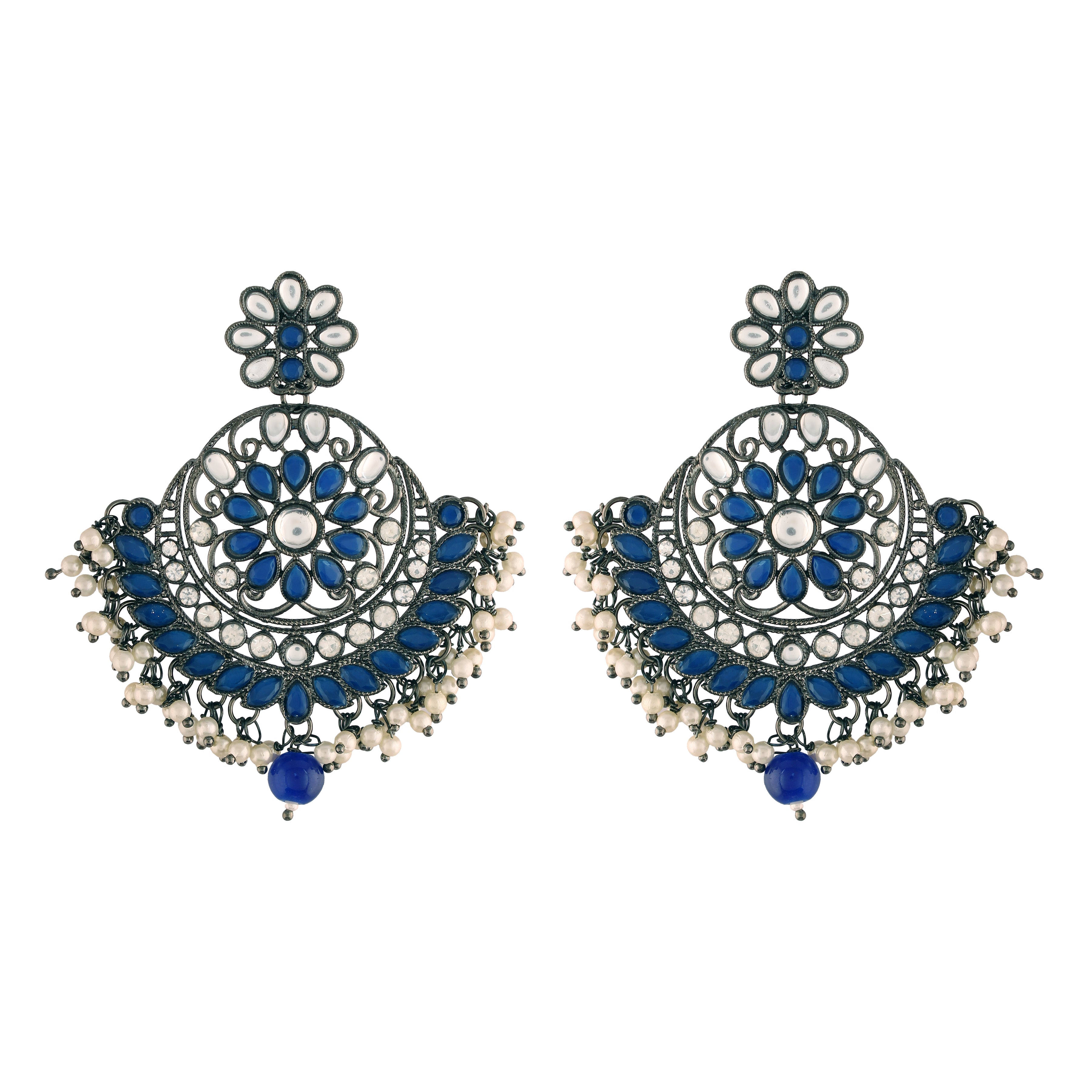 Women's I Jewels 18K Silver Oxidised Traditional Kundan & Stone Studded Chandbali Earrings (E2947Zbl) - I Jewels