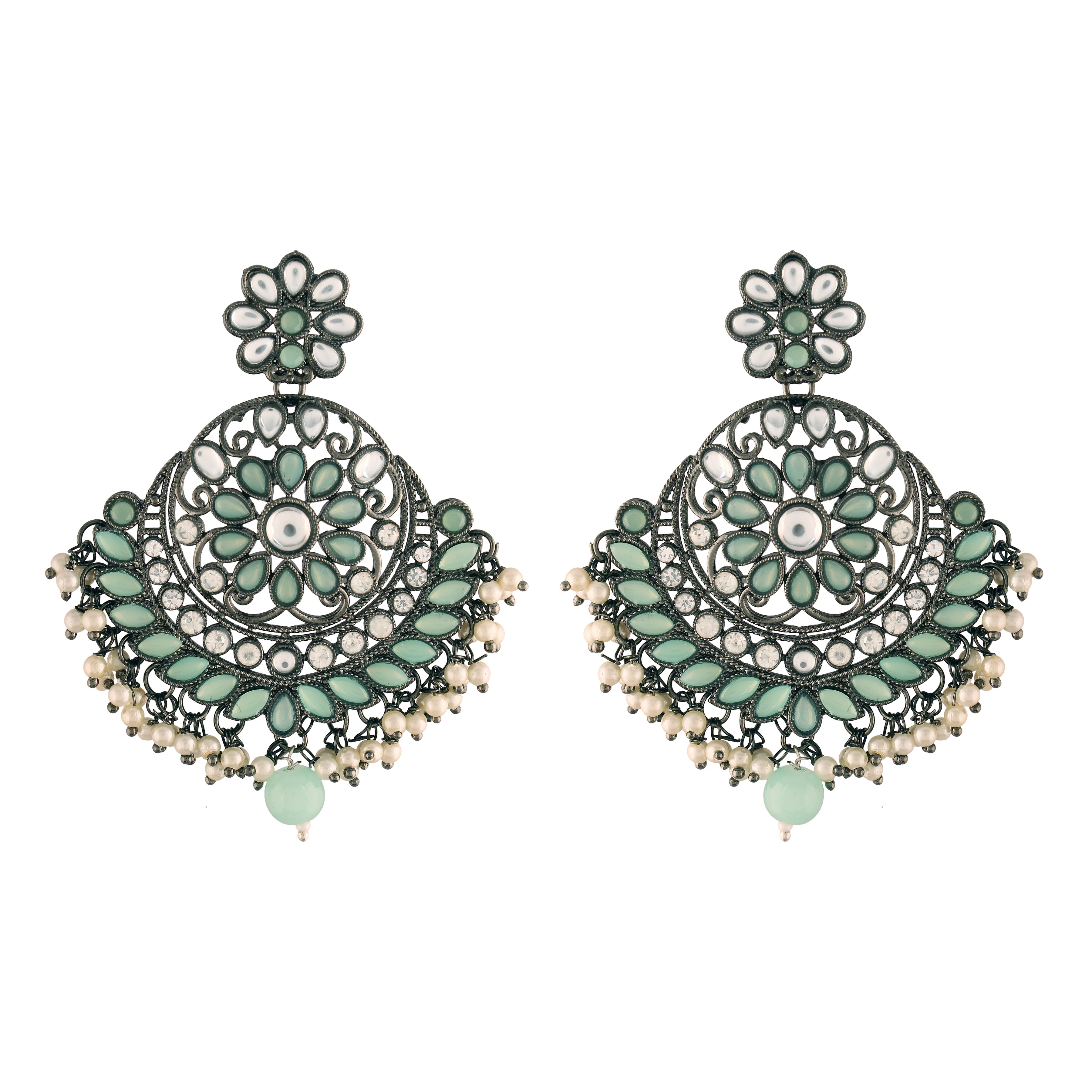 Women's I Jewels 18K Silver Oxidised Traditional Kundan & Stone Studded Chandbali Earrings (E2947Zmin) - I Jewels