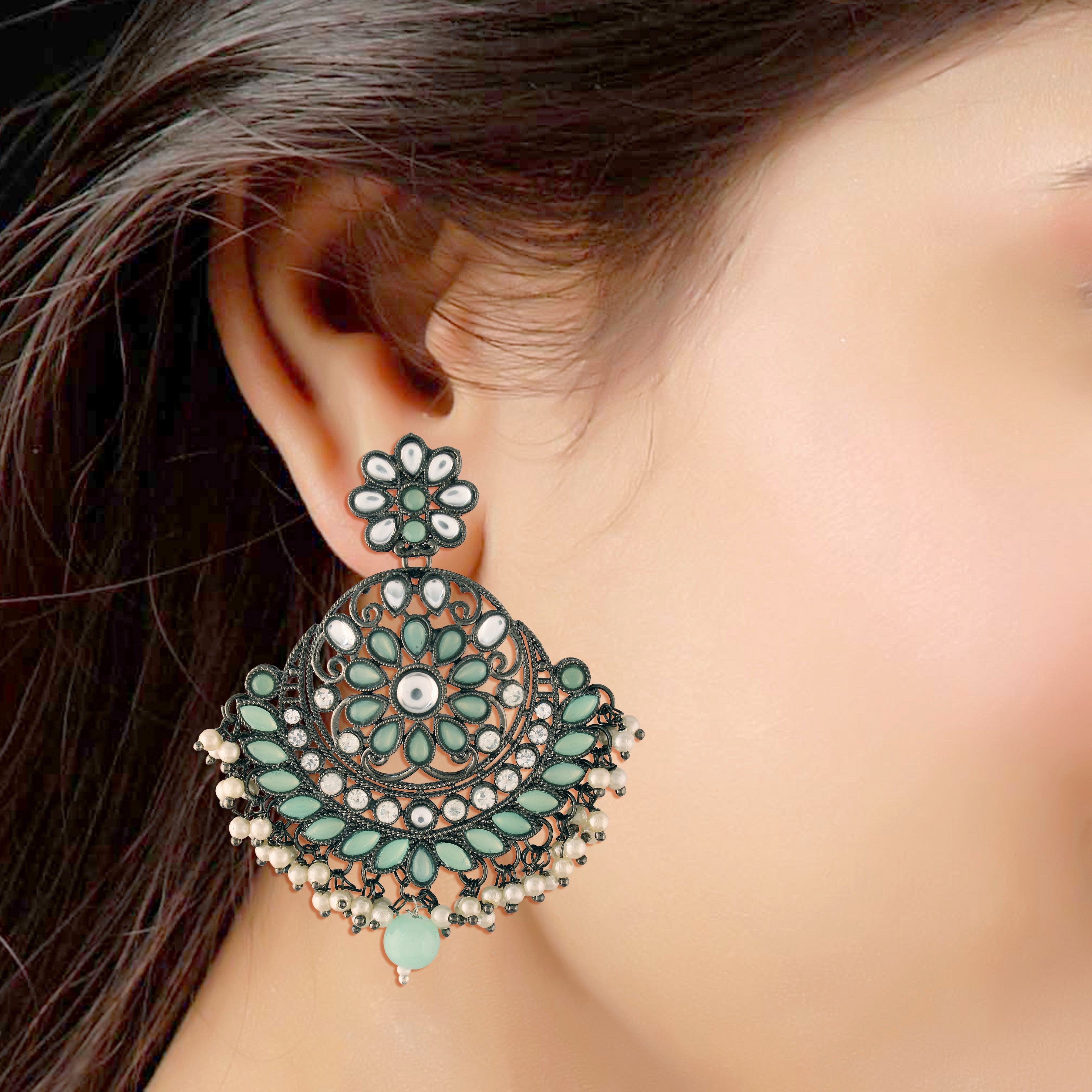 Women's I Jewels 18K Silver Oxidised Traditional Kundan & Stone Studded Chandbali Earrings (E2947Zmin) - I Jewels