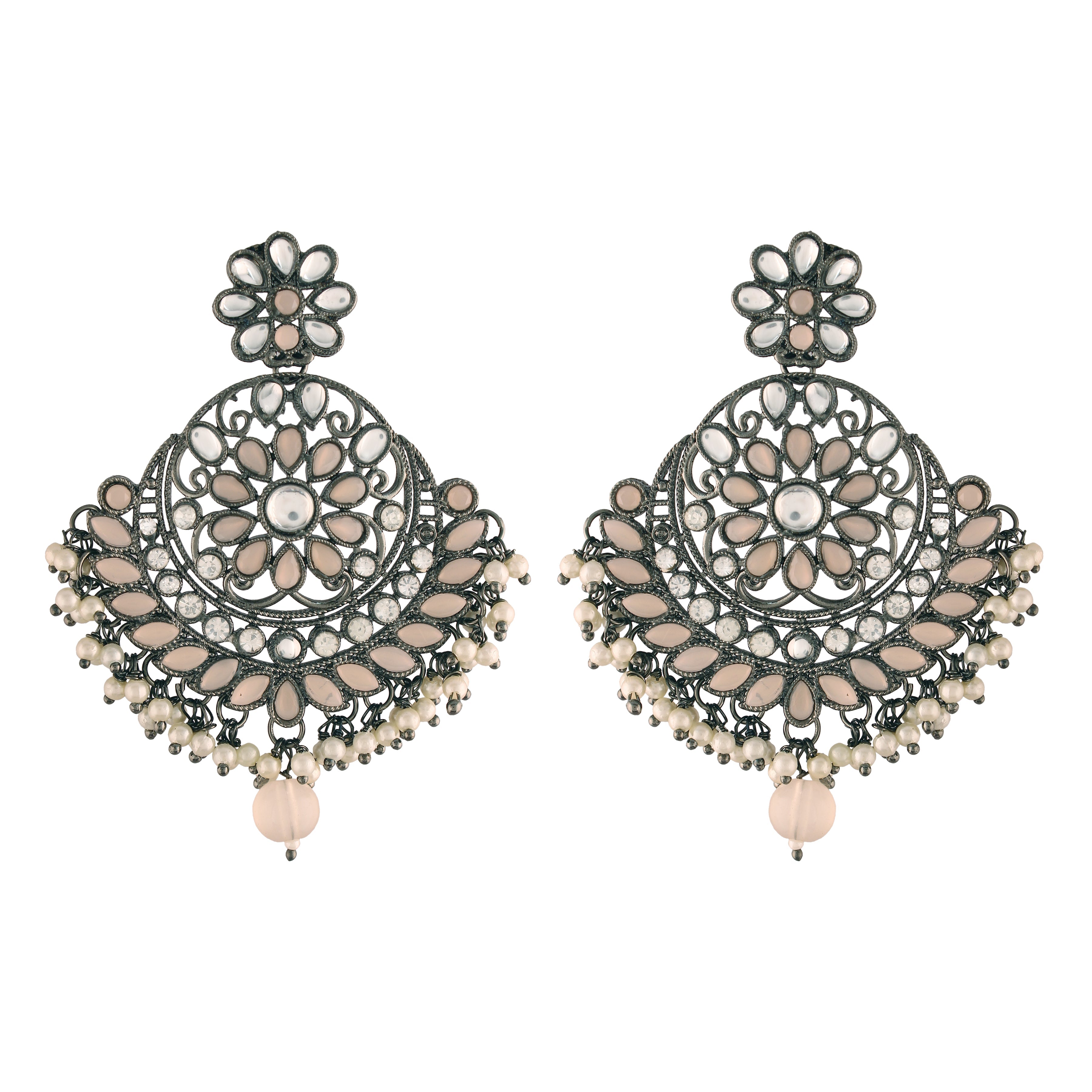 Women's I Jewels 18K Silver Oxidised Traditional Kundan & Stone Studded Chandbali Earrings (E2947Zpe) - I Jewels