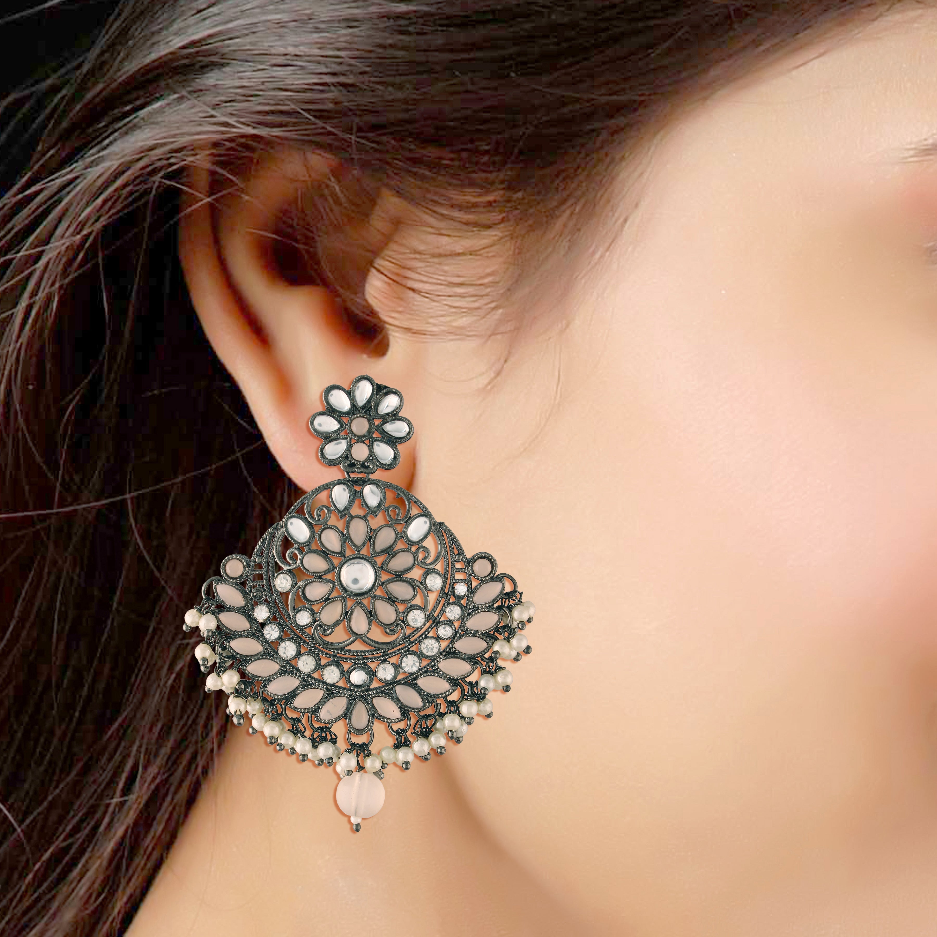 Women's I Jewels 18K Silver Oxidised Traditional Kundan & Stone Studded Chandbali Earrings (E2947Zpe) - I Jewels