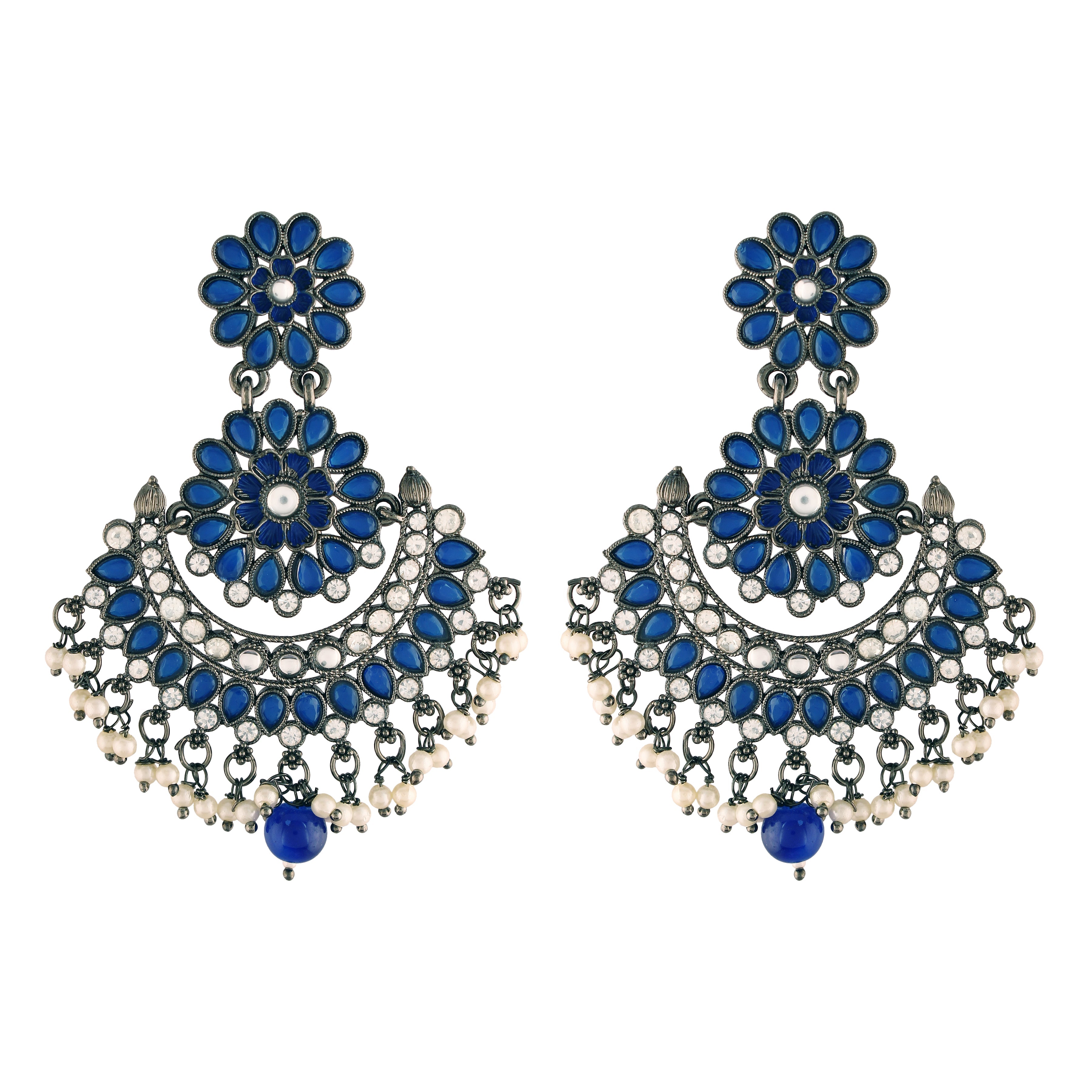 Women's I Jewels 18K Silver Oxidised Traditional Meenakari Kundan & Stone Studded Chandbali Earrings (E2948Zbl) - I Jewels
