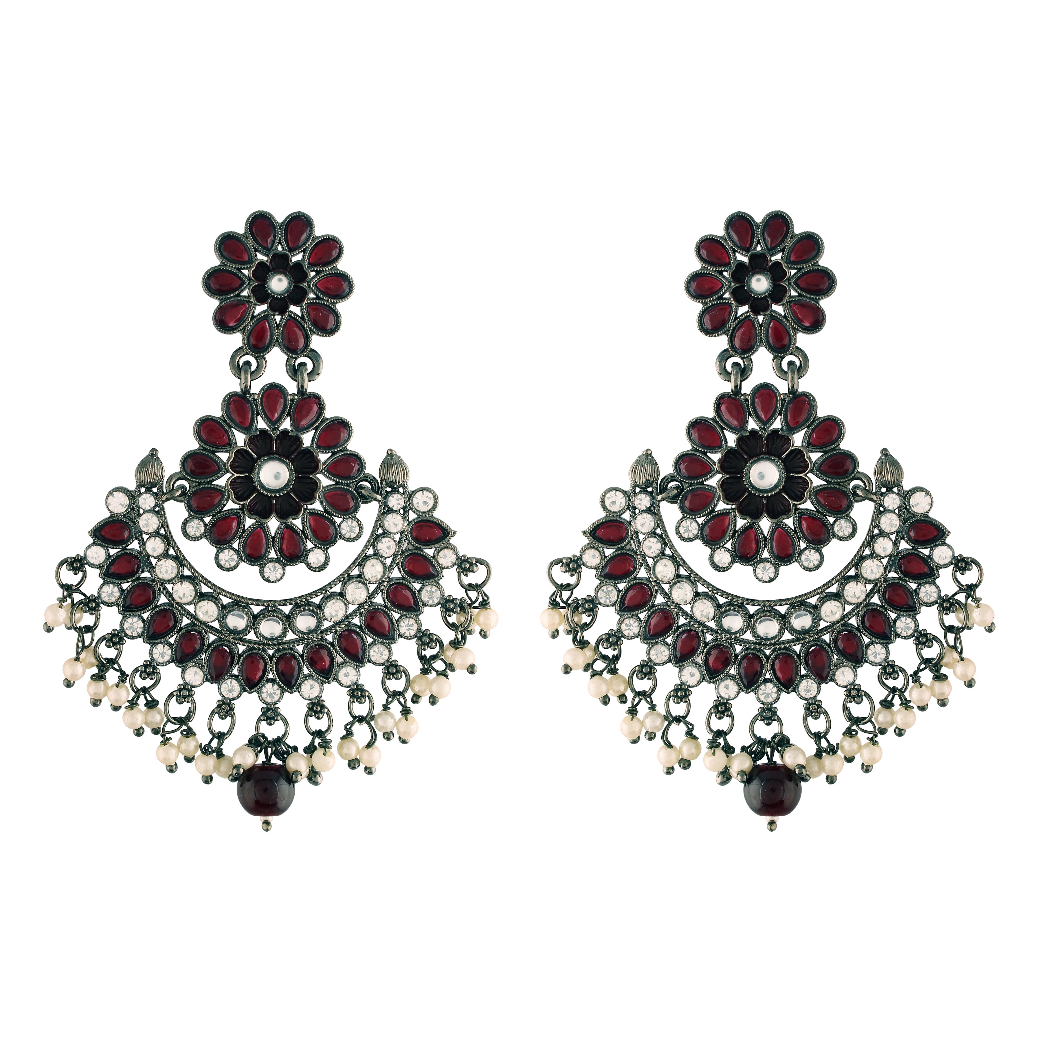 Women's I Jewels 18K Silver Oxidised Traditional Meenakari Kundan & Stone Studded Chandbali Earrings (E2948Zm) - I Jewels
