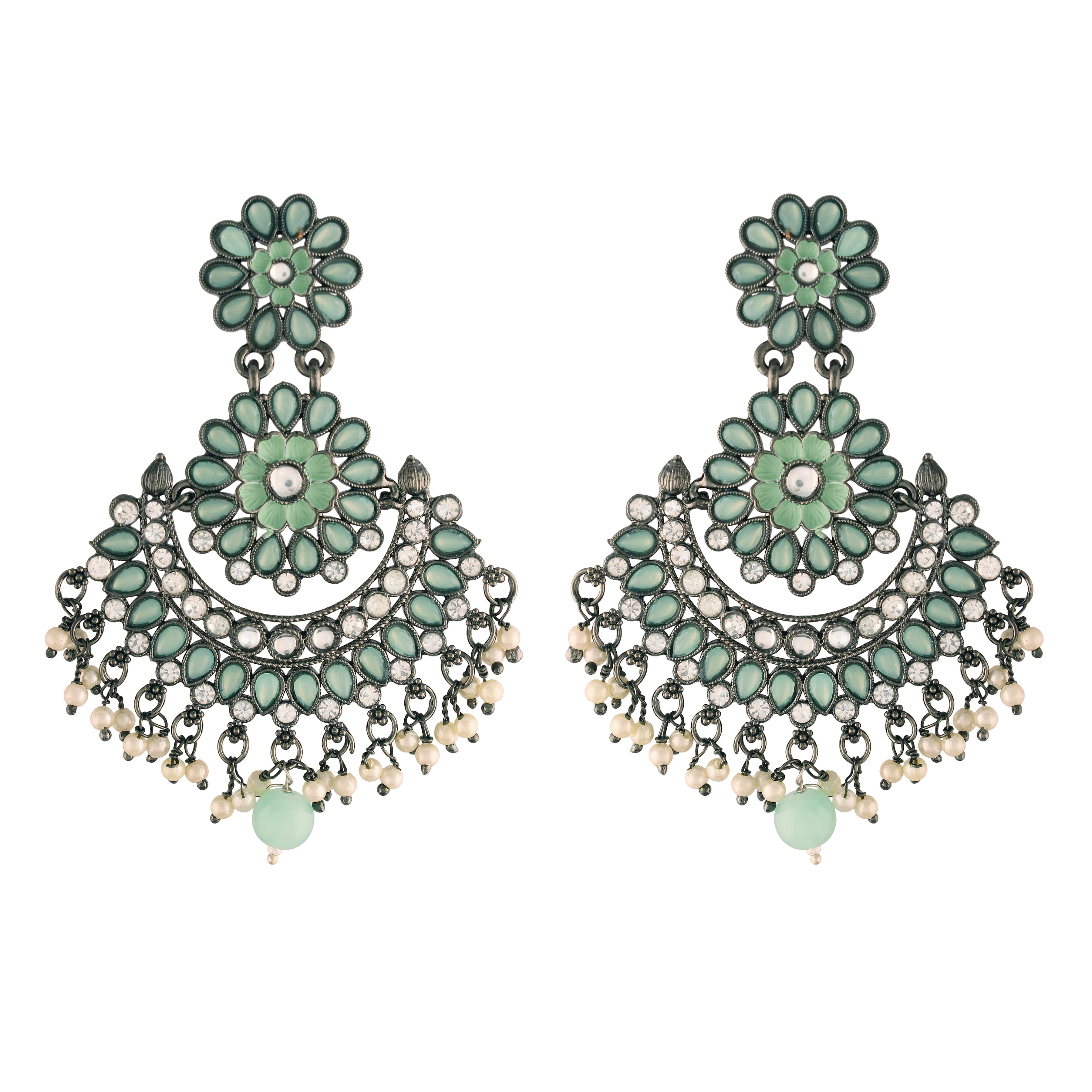 Women's I Jewels 18K Silver Oxidised Traditional Meenakari Kundan & Stone Studded Chandbali Earrings (E2948Zmin) - I Jewels