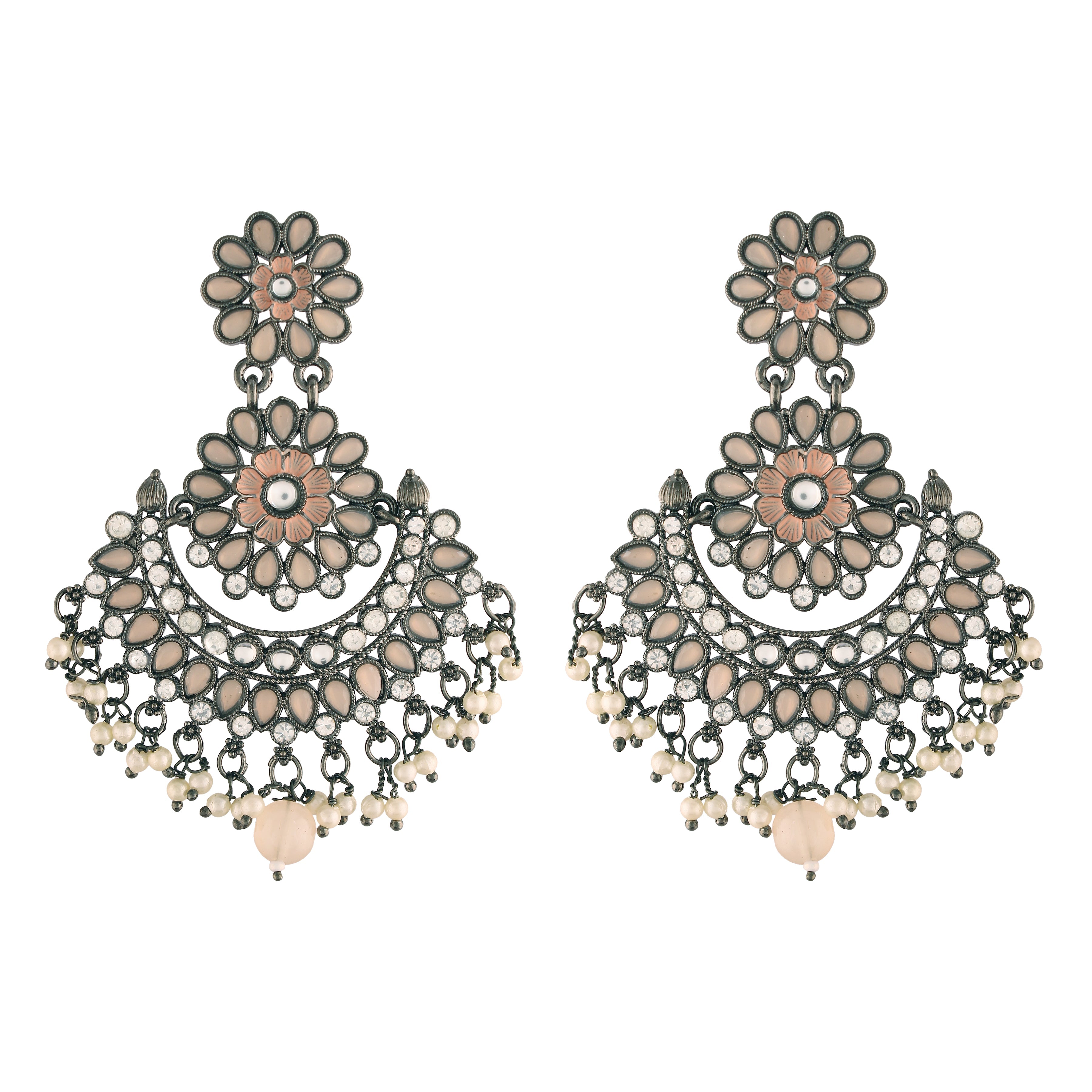 Women's I Jewels 18K Silver Oxidised Traditional Meenakari Kundan & Stone Studded Chandbali Earrings (E2948Zpe) - I Jewels