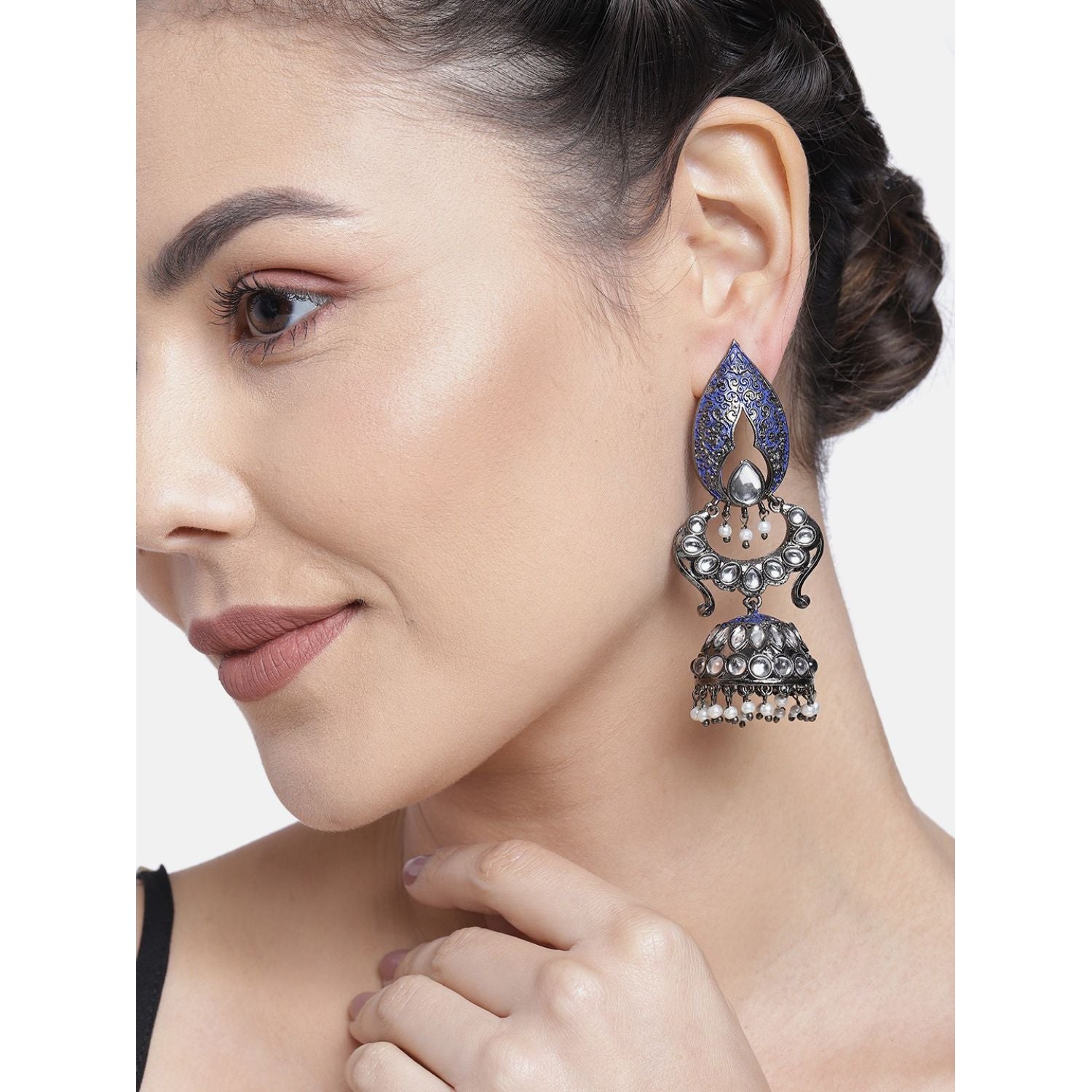 Women's I Jewels 18K Silver Oxidised Traditional Meenakari Kundan & Stone Studded Jhumka Earrings (E2949Zbl) - I Jewels