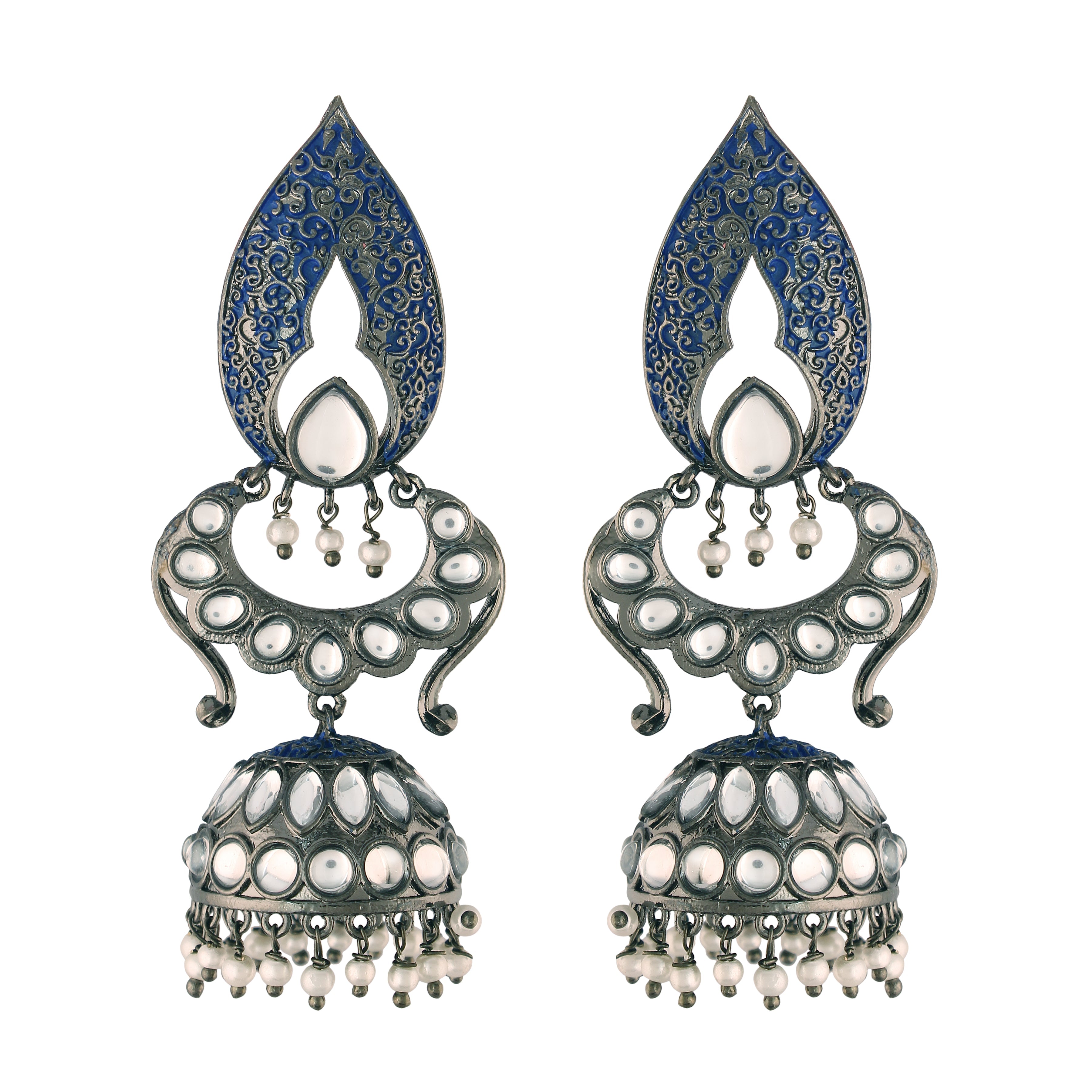 Women's I Jewels 18K Silver Oxidised Traditional Meenakari Kundan & Stone Studded Jhumka Earrings (E2949Zbl) - I Jewels