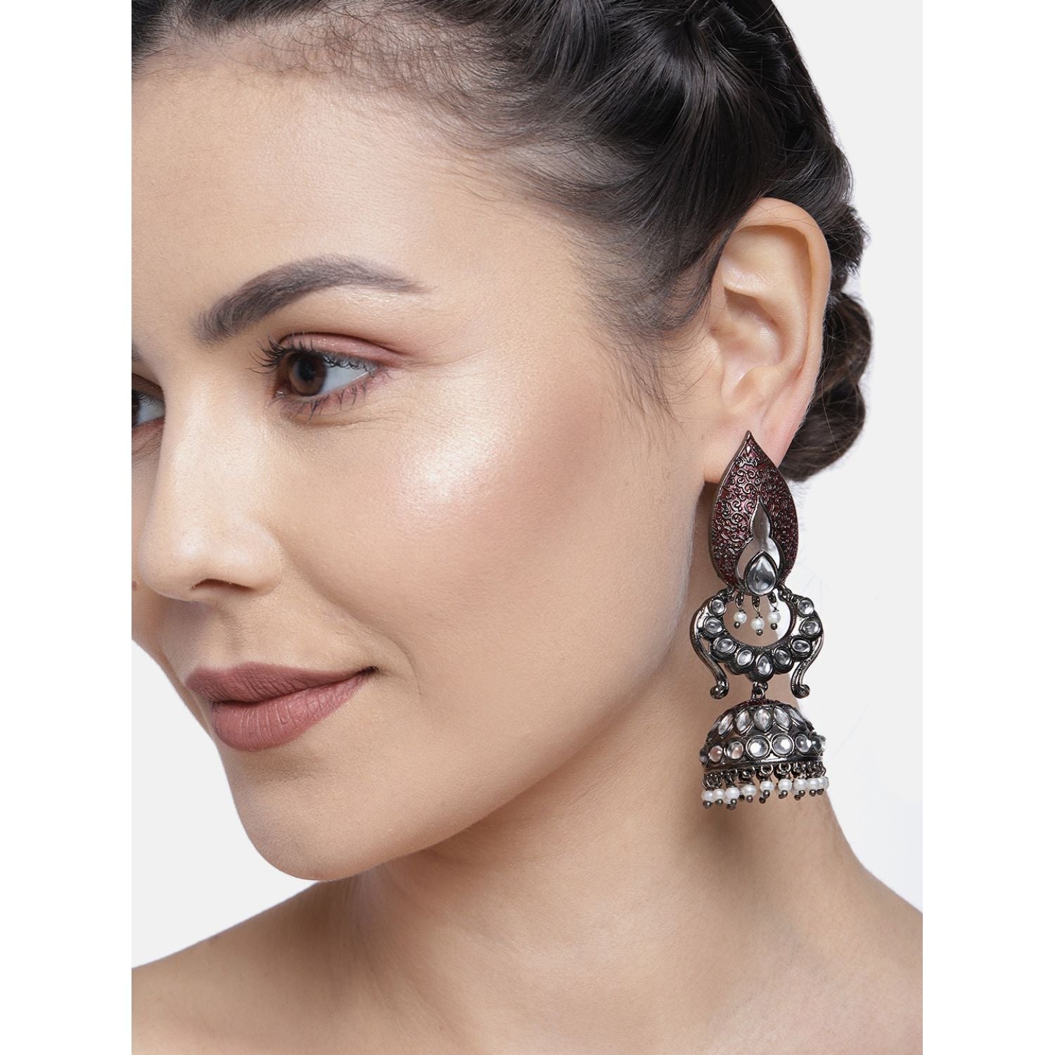 Women's I Jewels 18K Silver Oxidised Traditional Meenakari Kundan & Stone Studded Jhumka Earrings (E2949Zm) - I Jewels