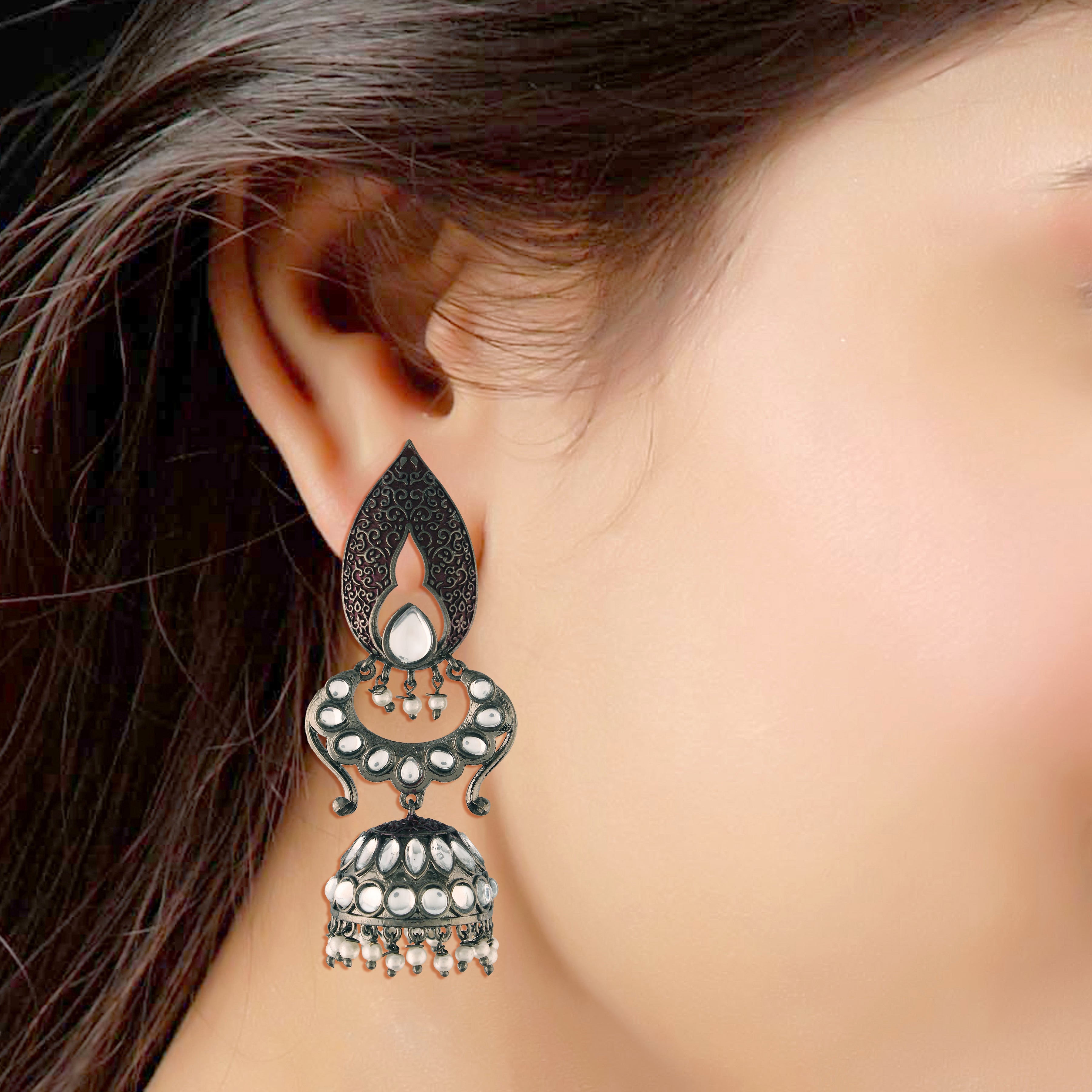 Women's I Jewels 18K Silver Oxidised Traditional Meenakari Kundan & Stone Studded Jhumka Earrings (E2949Zm) - I Jewels