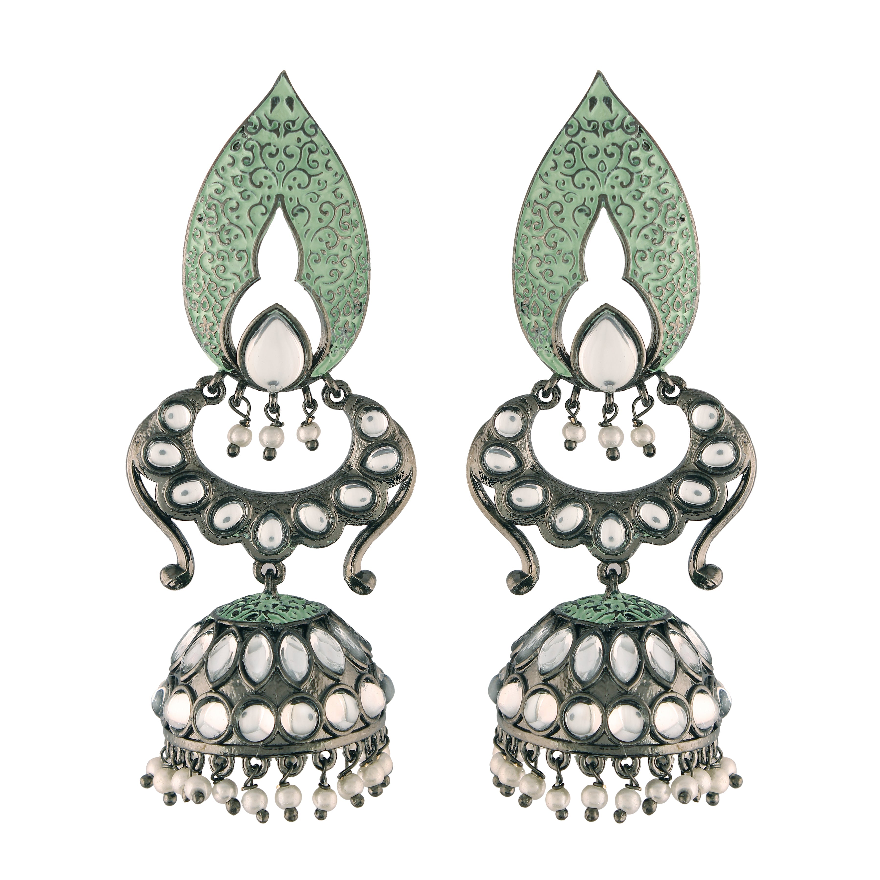 Women's I Jewels 18K Silver Oxidised Traditional Meenakari Kundan & Stone Studded Jhumka Earrings (E2949Zmin) - I Jewels