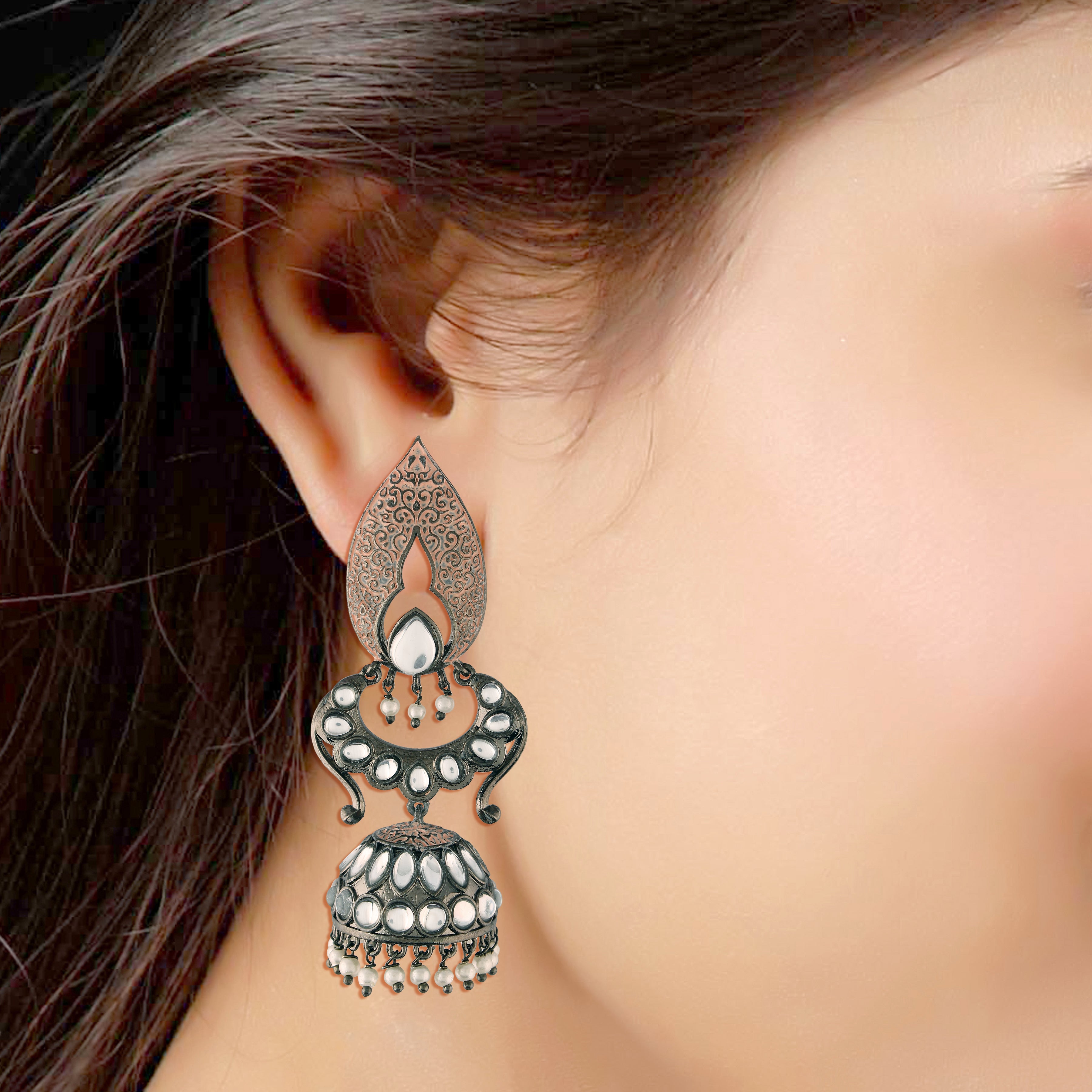 Women's I Jewels 18K Silver Oxidised Traditional Meenakari Kundan & Stone Studded Jhumka Earrings (E2949Zpe) - I Jewels