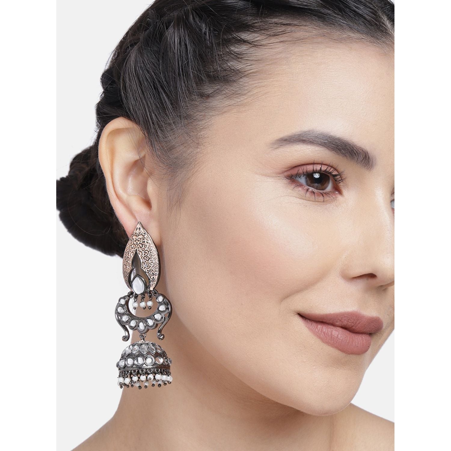 Women's I Jewels 18K Silver Oxidised Traditional Meenakari Kundan & Stone Studded Jhumka Earrings (E2949Zpe) - I Jewels