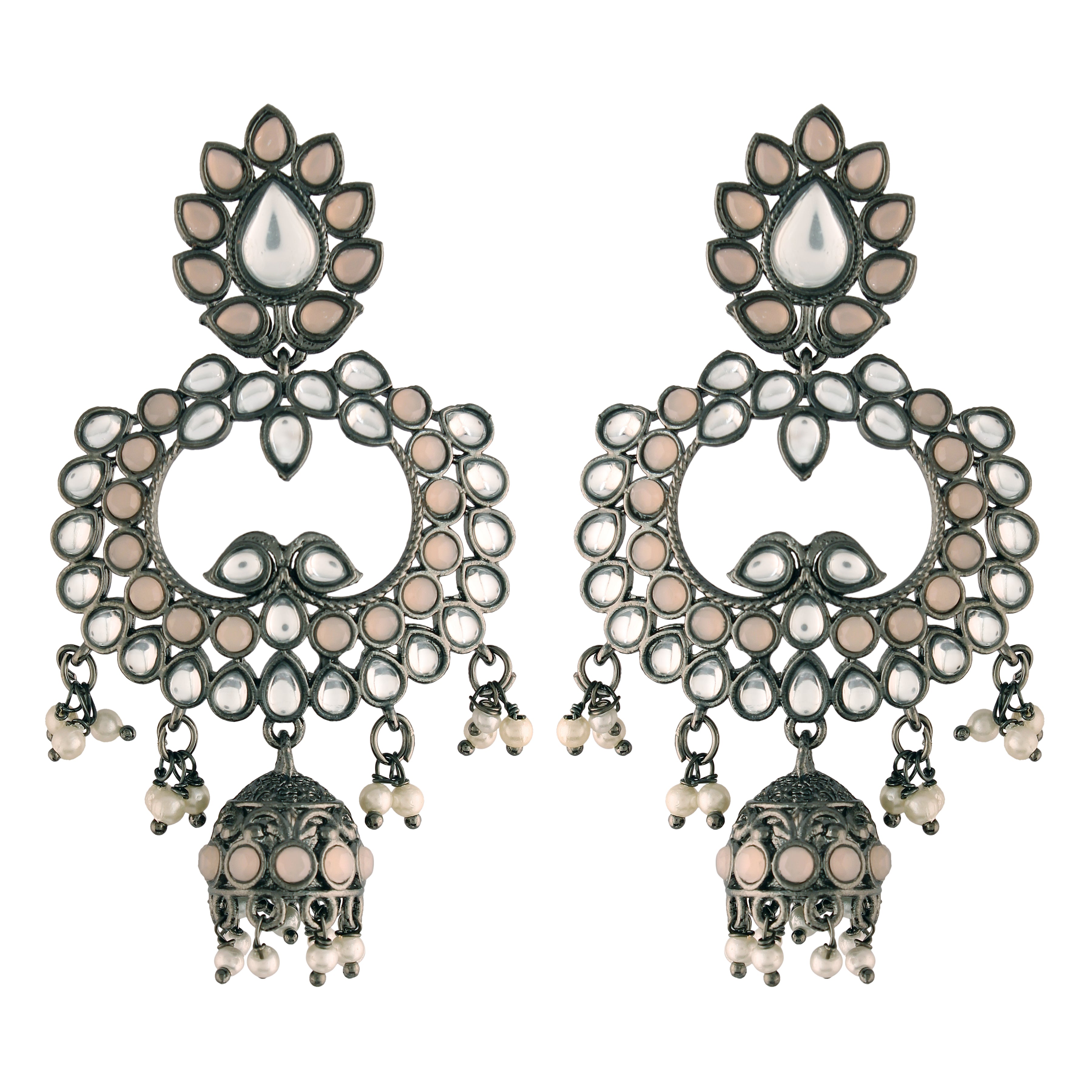Women's I Jewels 18K Silver Oxidised Traditional Kundan & Stone Studded Jhumka Earrings (E2950Zpe) - I Jewels