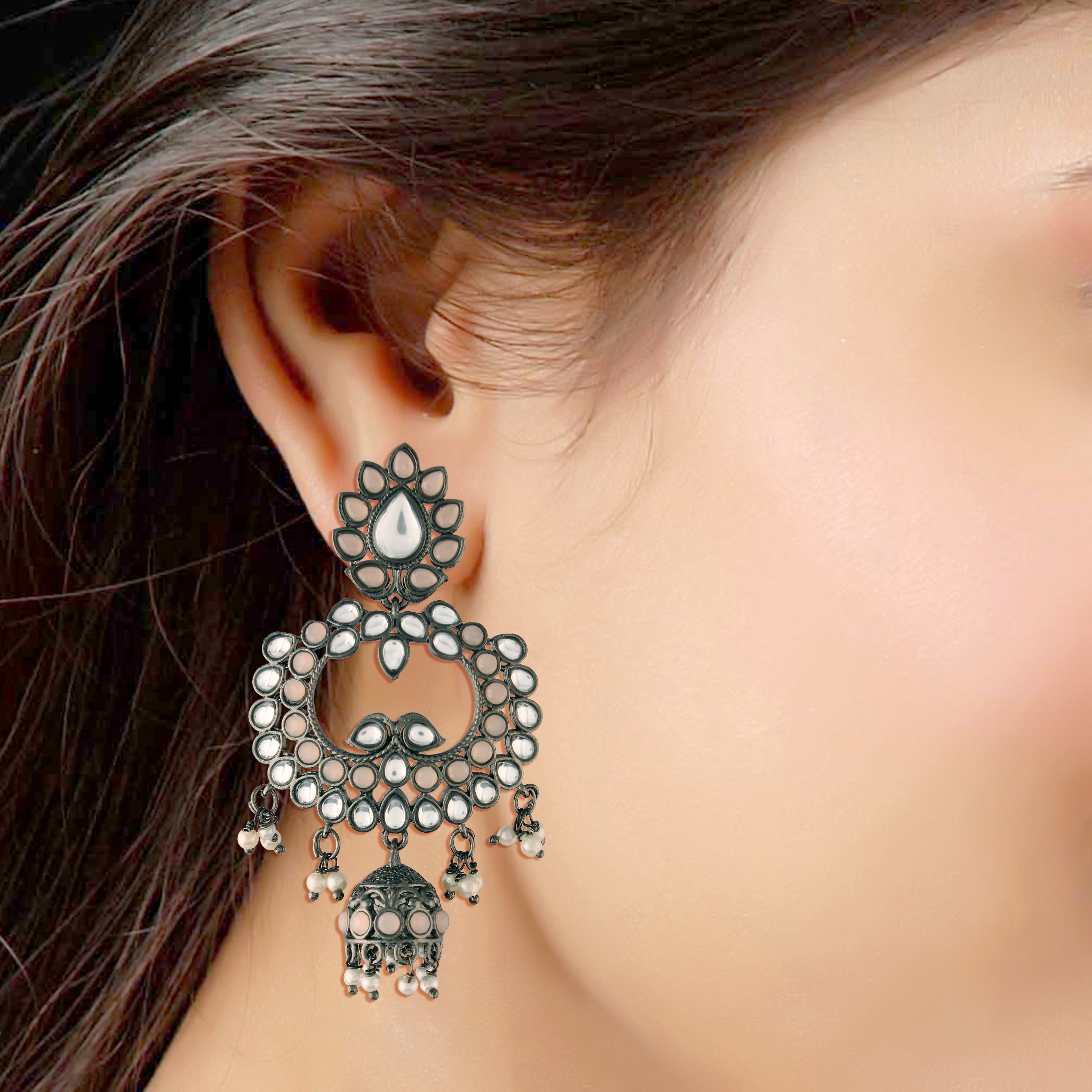 Women's I Jewels 18K Silver Oxidised Traditional Kundan & Stone Studded Jhumka Earrings (E2950Zpe) - I Jewels