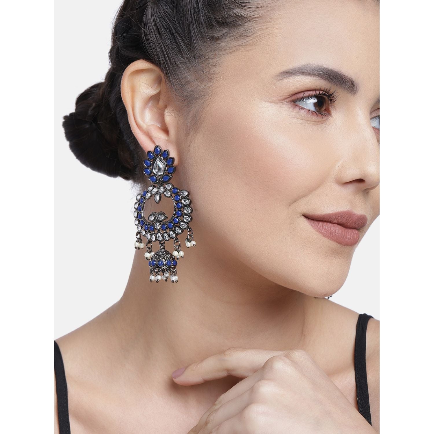 Women's I Jewels 18K Silver Oxidised Traditional Kundan & Stone Studded Jhumka Earrings (E2950Zbl) - I Jewels