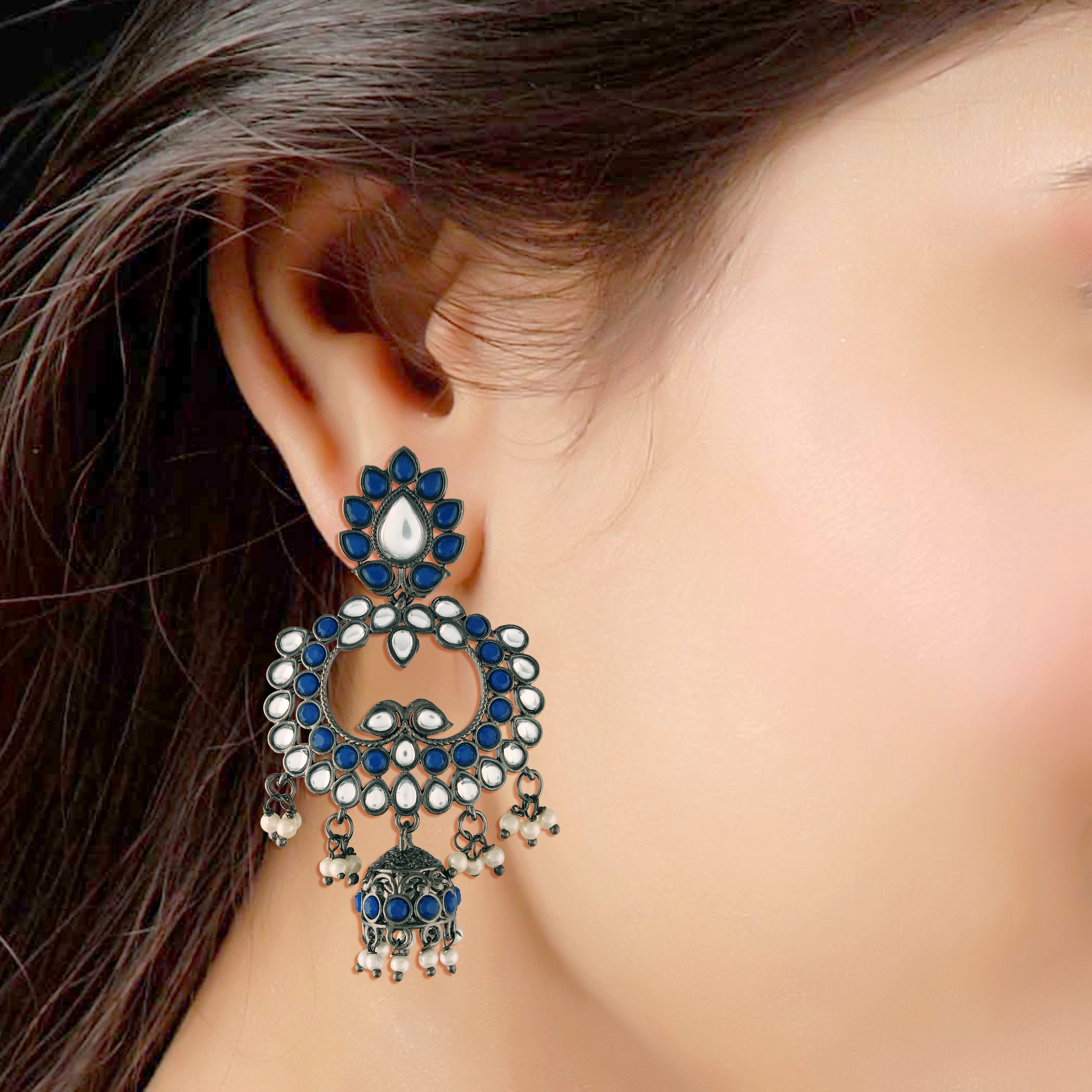 Women's I Jewels 18K Silver Oxidised Traditional Kundan & Stone Studded Jhumka Earrings (E2950Zbl) - I Jewels