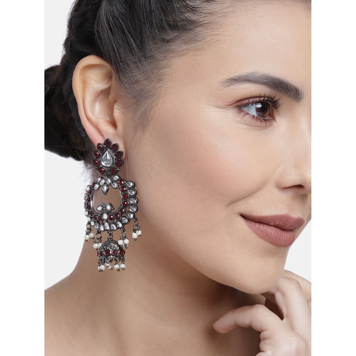 Women's I Jewels 18K Silver Oxidised Traditional Kundan & Stone Studded Jhumka Earrings (E2950Zm) - I Jewels
