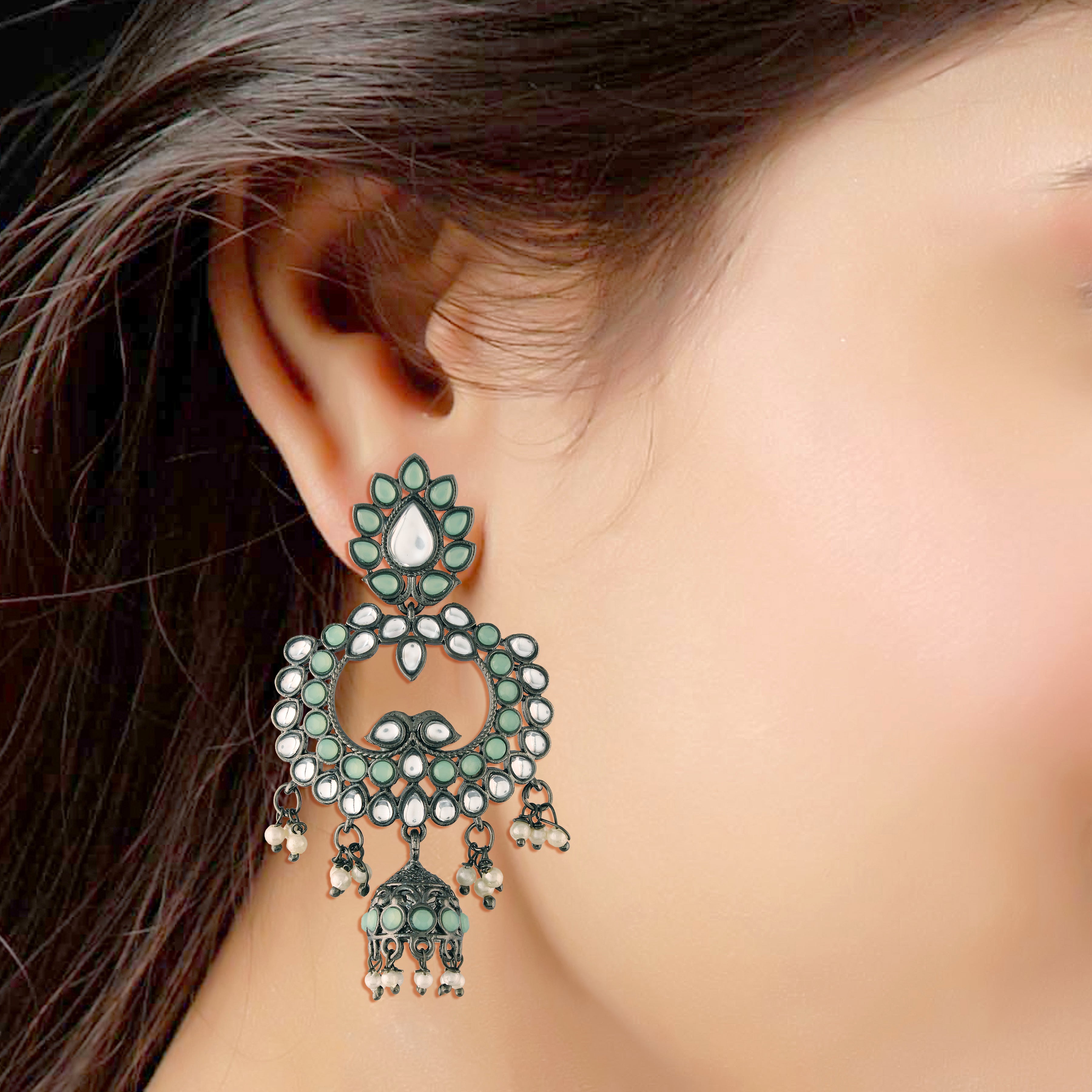 Women's I Jewels 18K Silver Oxidised Traditional Kundan & Stone Studded Jhumka Earrings (E2950Zmin) - I Jewels