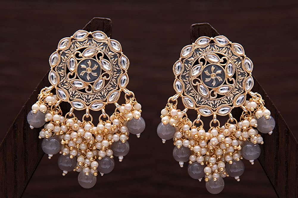 Women's 18K Gold Plated Traditional Handcrafted Meenakari Kundan & Pearl Studded Earrings (E3007Gr) - I Jewels