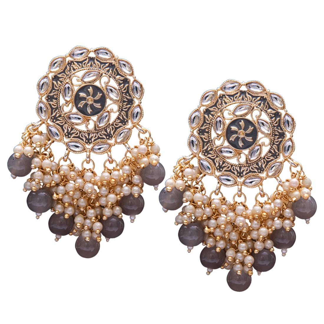 Women's 18K Gold Plated Traditional Handcrafted Meenakari Kundan & Pearl Studded Earrings (E3007Gr) - I Jewels