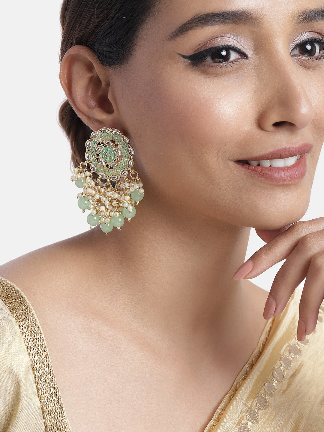 Women's 18K Gold Plated Traditional Handcrafted Meenakari Kundan & Pearl Studded Earrings (E3007Min) - I Jewels