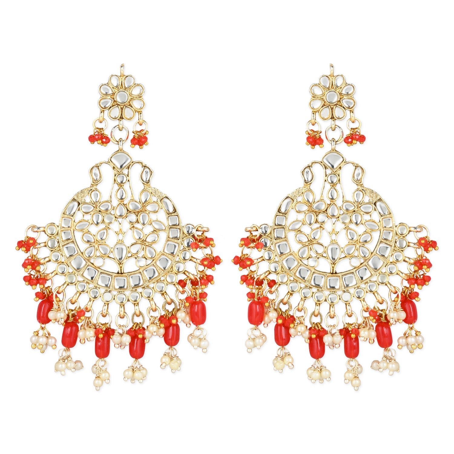 Women's 18K Gold Plated Traditional Handcrafted Pearl Kundan Beaded Earrings (E3013R) - I Jewels