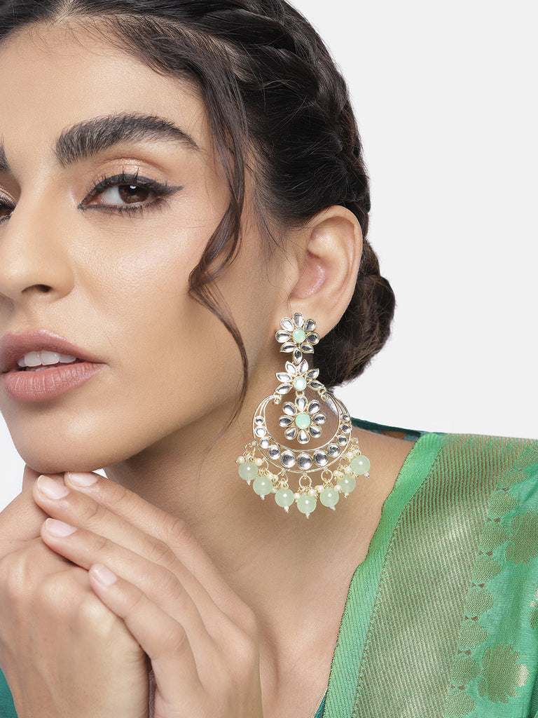 Women's 18K Gold Plated Traditional Handcrafted Pearl Kundan Beaded Earrings (E3017Min)