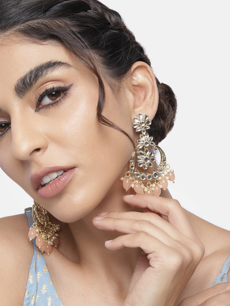 Women's 18K Gold Plated Traditional Handcrafted Pearl Kundan Beaded Earrings (E3018Pe)